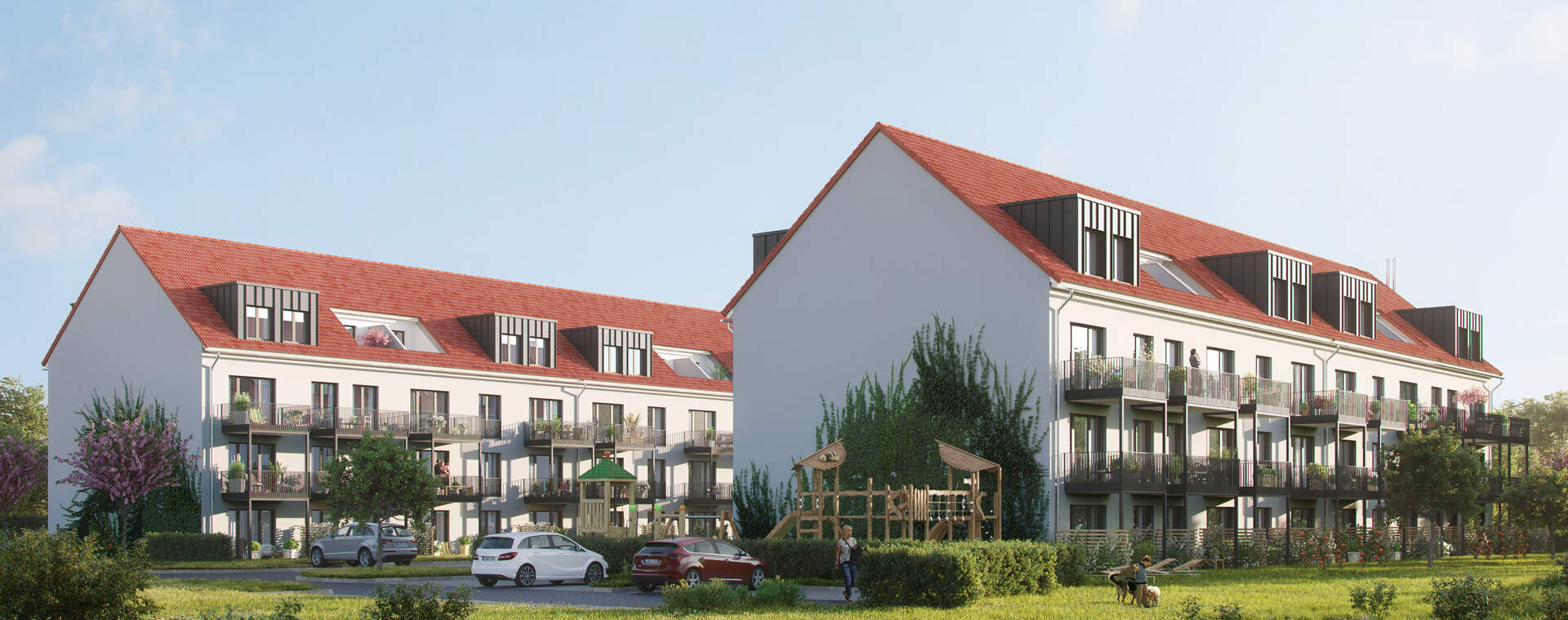 Blick in das Neubauquartier Obstgärten in Seenähe Visualisierung der Eigentumswohnungen vom Neubauprojekt Obstgärten in Leipzig-Markranstaedt