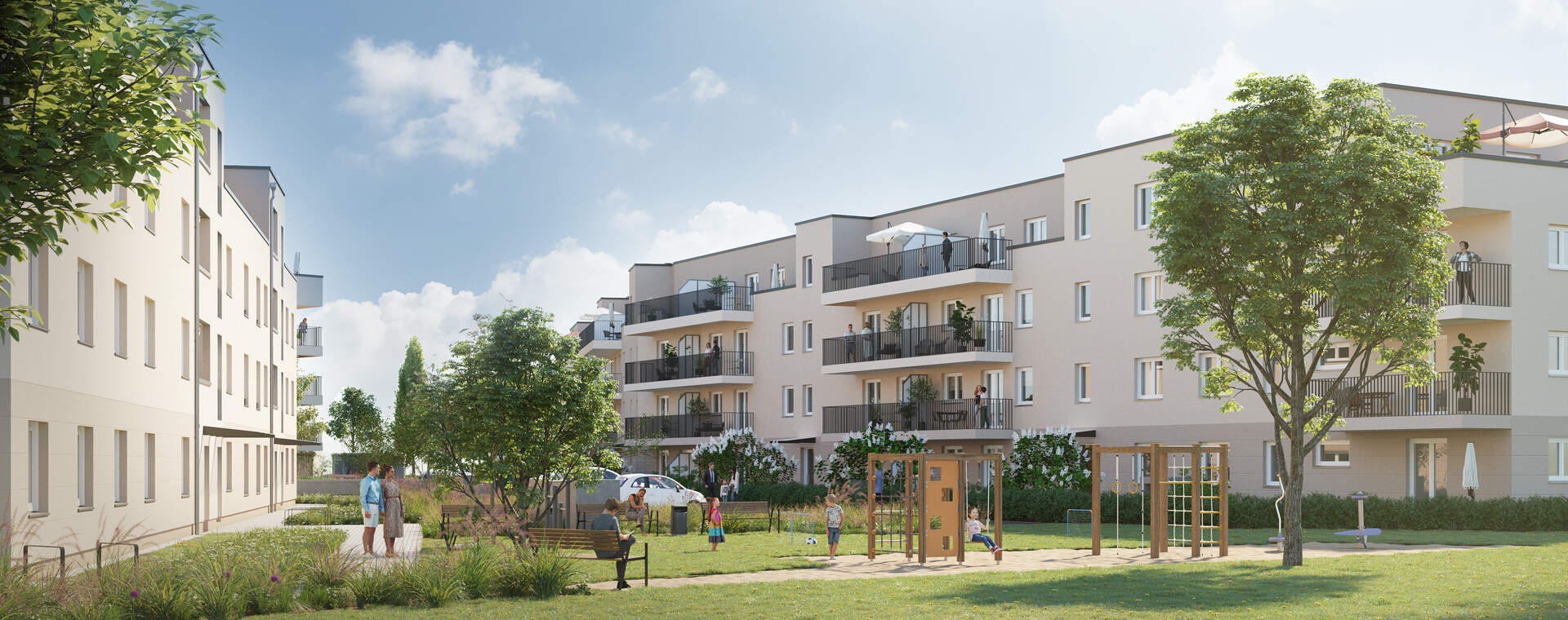 Neues Wohnquartier am Panke-Park Visualisierung der Eigentumswohnungen vom Neubauprojekt Panke Aue in Bernau