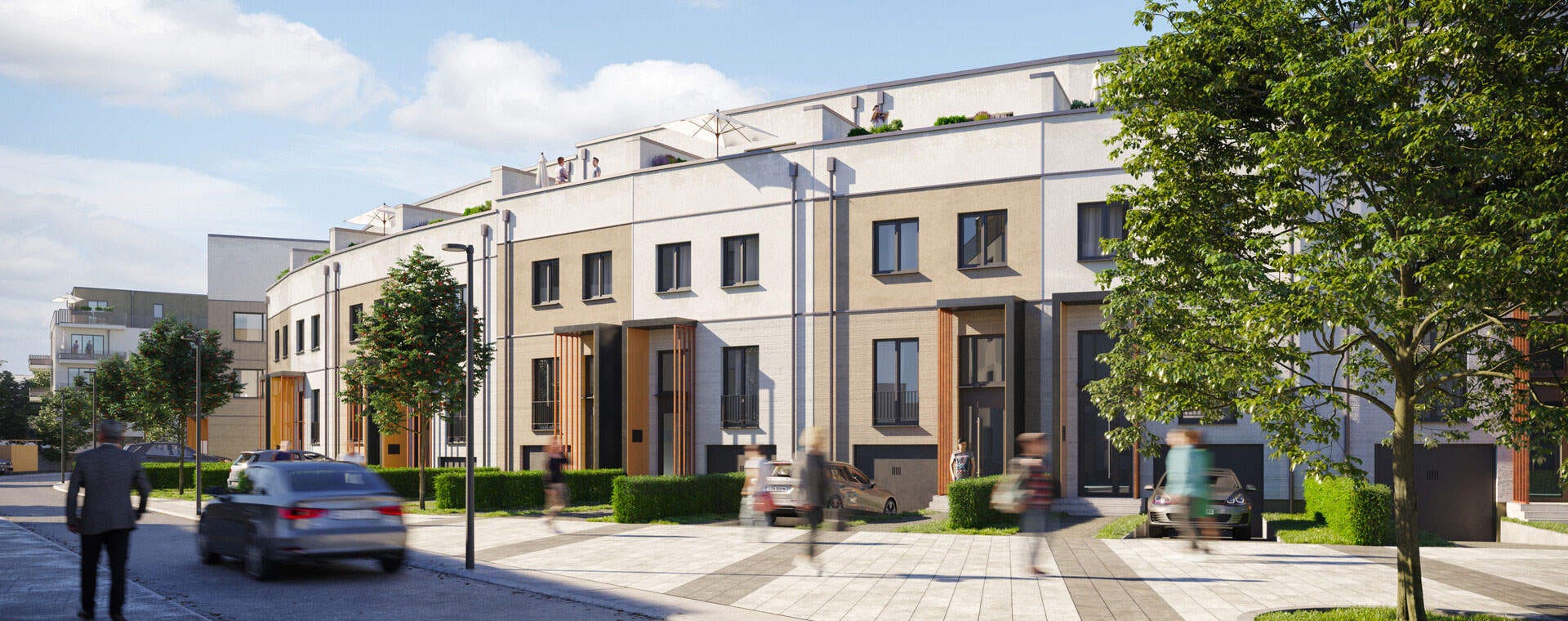 Großzügige und hochwertige Reihenhäuser Visualisierung der Reihenhaeuser im Neubauprojekt Quartier Hugos 2 in Berlin-Mariendorf