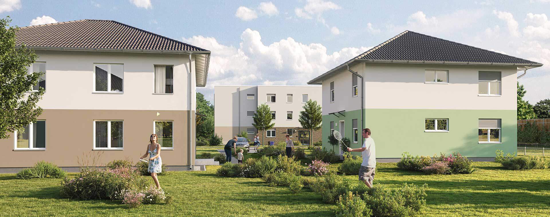 Ein Blick in unser Neubauprojekt Familiengärten in Schöneiche Visualisierung der Häuser vom Neubauprojekt Familiengärten in Schöneiche