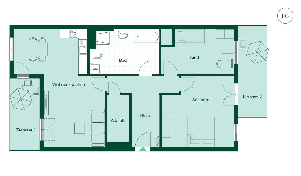 Grundriss mit offenem Wohnbereich und angrenzender Terrasse Grundriss der Eigentumswohnung im Neubauprojekt Panke Aue