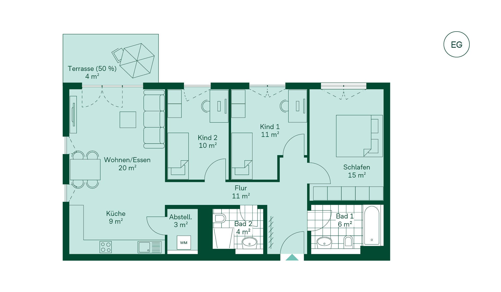 Geräumige Wohnung mit viel Stauraum Grundriss der Eigentumswohnung 002 im Neubauprojekt Meerbachquartier