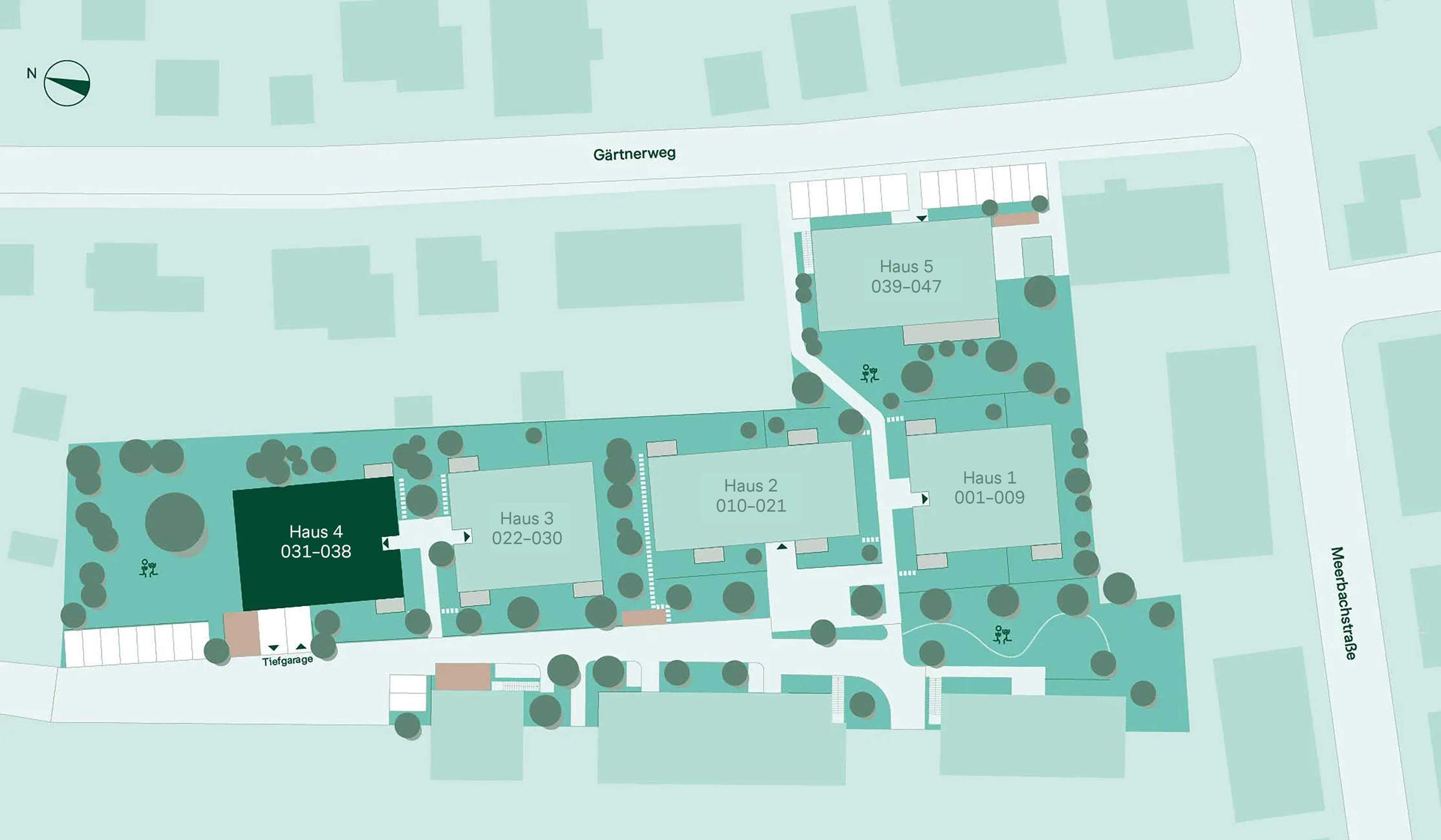 Lage der Eigentumswohnungen im Neubauprojekt Meerbachquartier Lageplan der Eigentumswohnungen 031 bis 038 im Neubauprojekt Meerbachquartier
