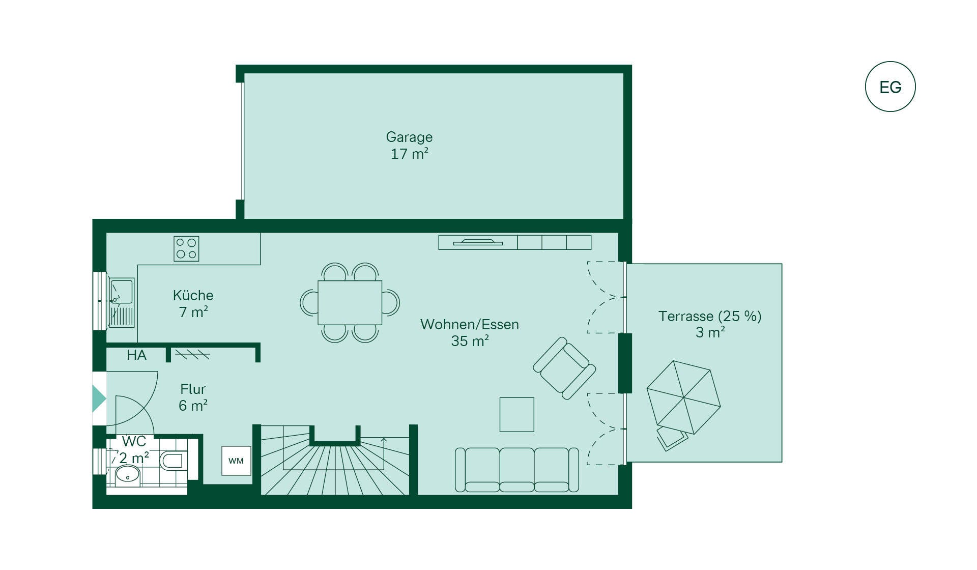 Geräumiges Erdgeschoss mit offener Küche Grundriss des Erdgeschosses vom Doppelhaus 025 im Neubauprojekt Winzerhöhe