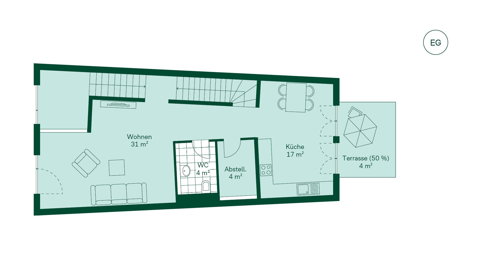 Grundriss des Erdgeschosses im Reihenhaus