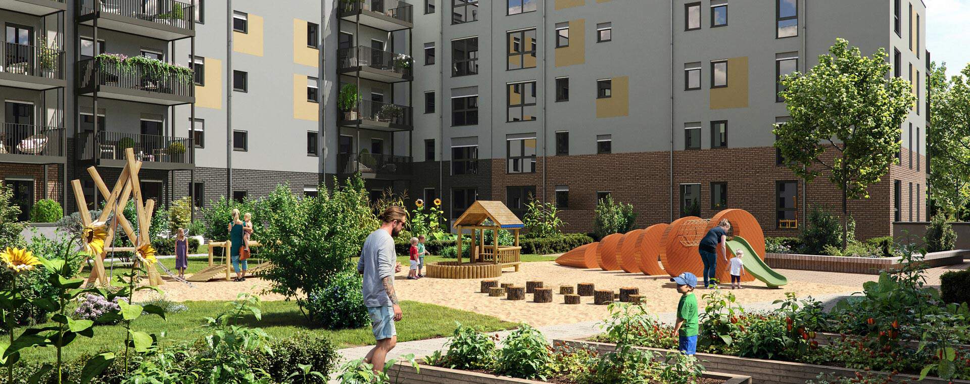 Individuell gestalteter Hof mit Garten und Spielplatz Visualisierung des Gartens und des Spielplatzes im Neubauprojekt Paulshöfe in Düsseldorf-Benrath