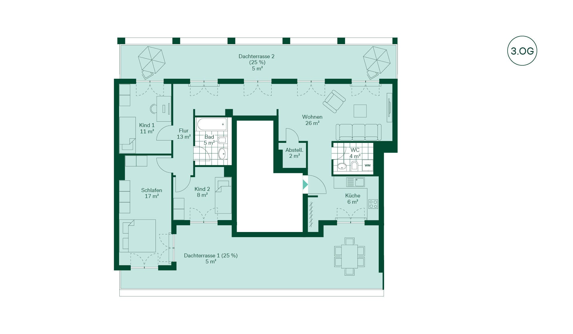 Geräumige Eigentumswohnung mit großen Dachterrassen Grundriss der Eigentumswohnung 06.E.067 im Neubauprojekt Parkstadt Karlshorst