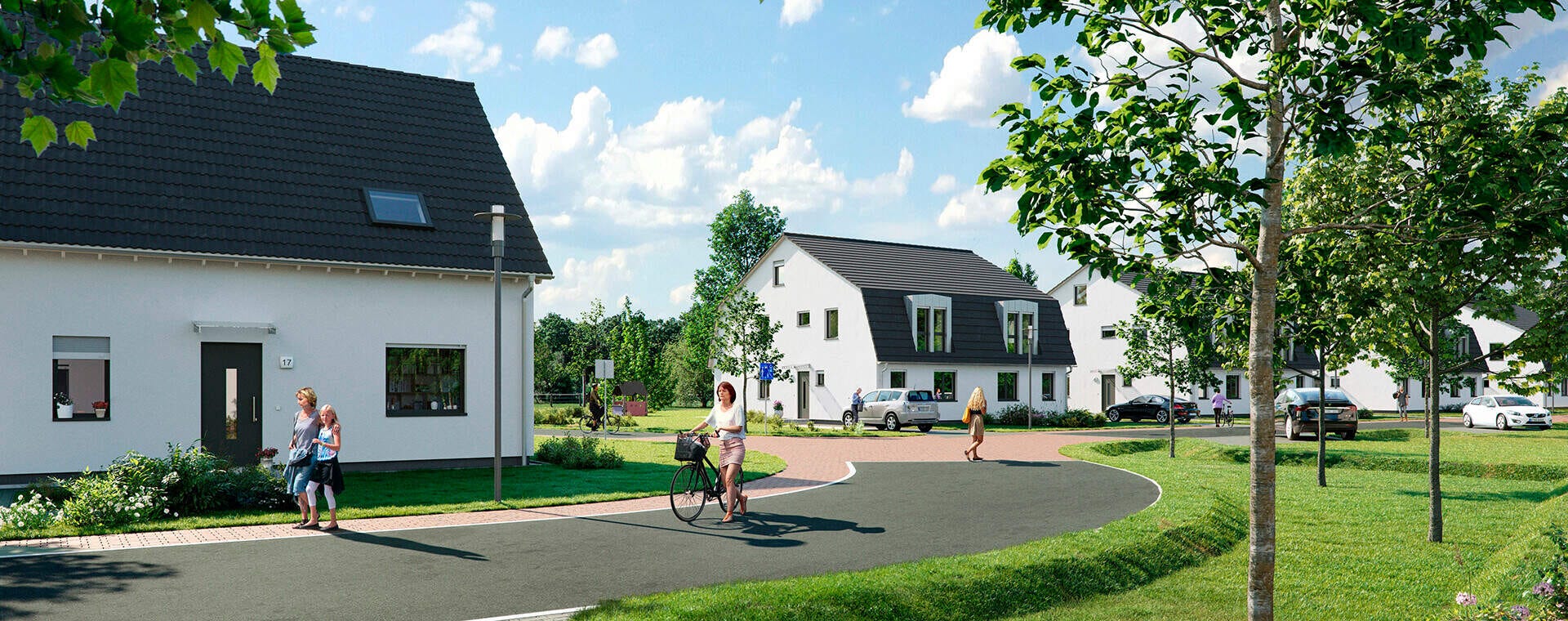 Ein sonniger Tag in einem modernen Wohnviertel. Familien genießen die grüne Umgebung und Ruhe.