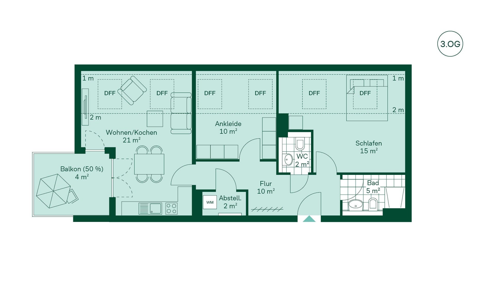 Grundriss der Ferienwohnung im Neubauprojekt Bernsteinquartier