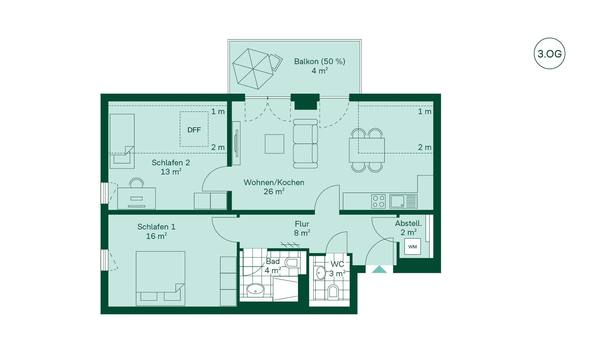 Grundriss der Ferienwohnung im Neubauprojekt Bernsteinquartier