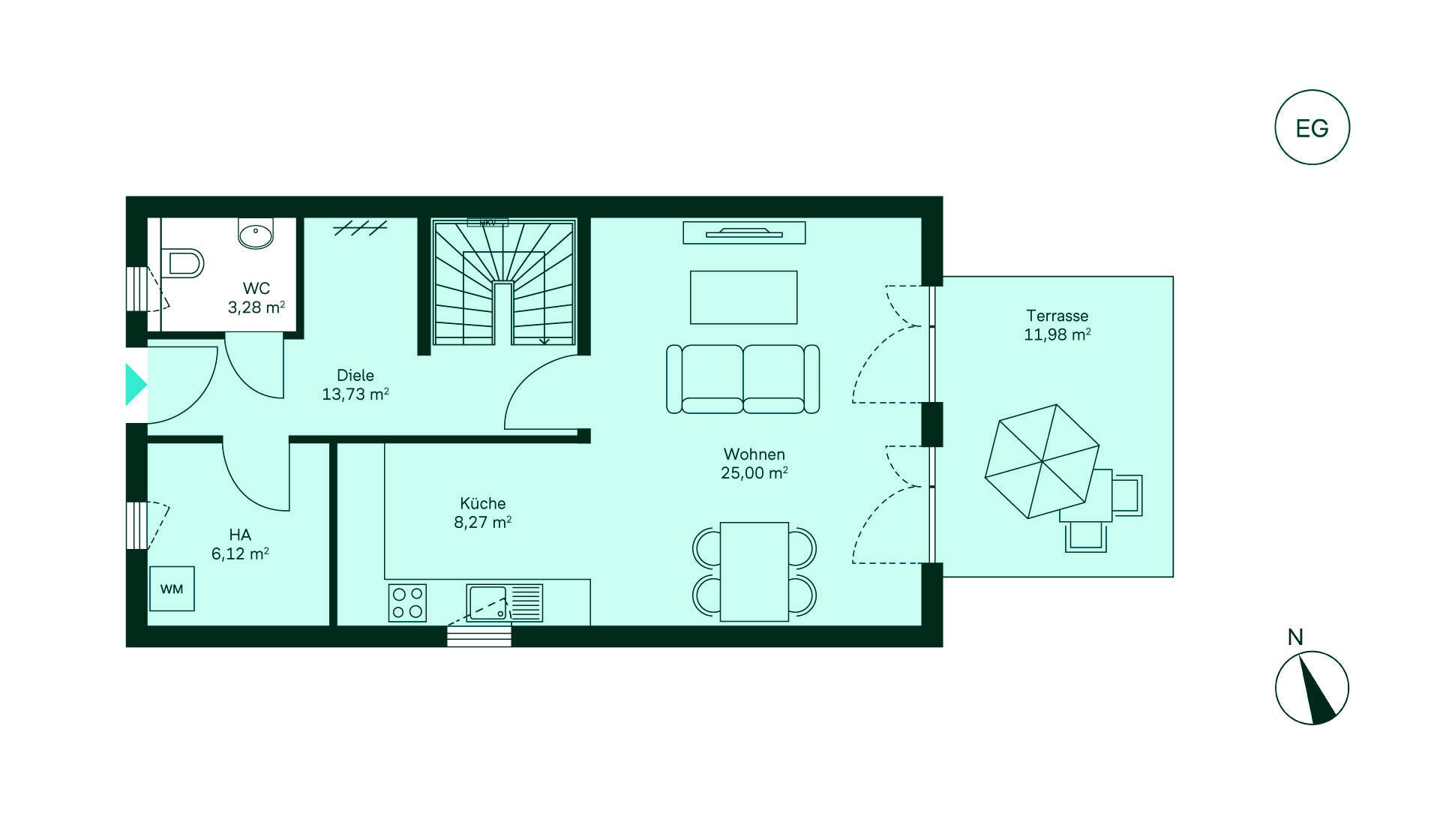 Grundriss des Erdgeschosses im Doppelhaus im Neubauprojekt Wohnen im Ritterschlag 3