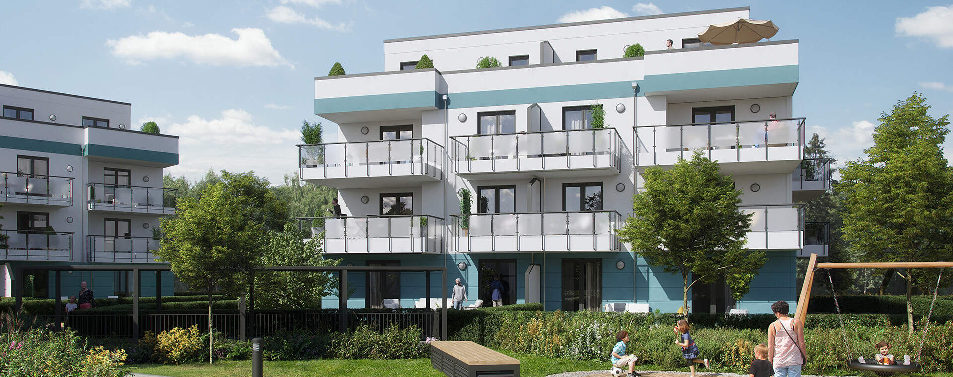 Visualisierung des Mehrfamilienhauses im Neubauprojekt Stadthäuser am Park in Schönefeld