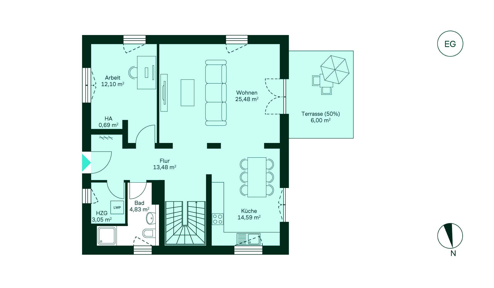 Entdecken Sie den Grundriss des Erdgeschosses: Flur, Küche, Wohnzimmer, Bad, Arbeitszimmer, Terrasse.