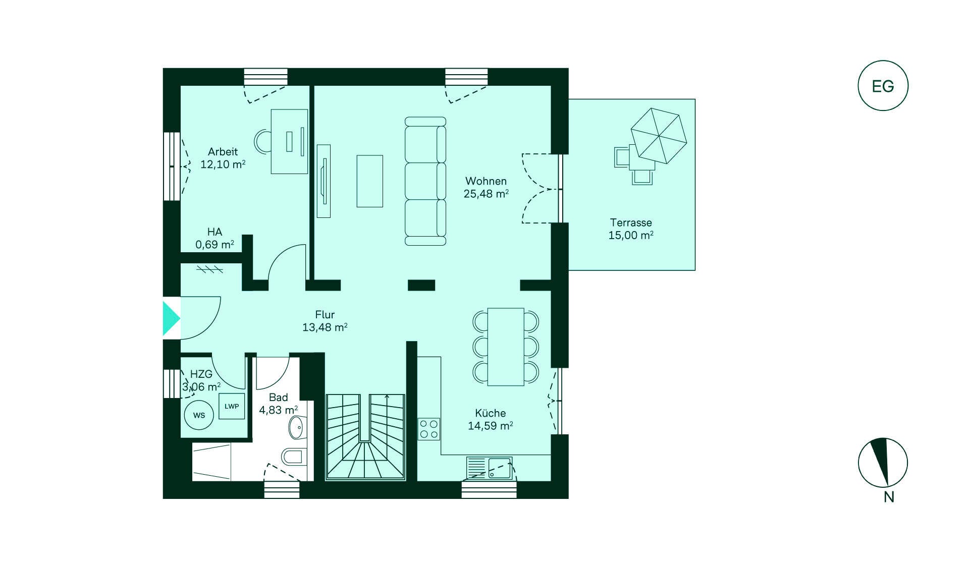Grundriss vom Erdgeschoss im Einfamilienhaus im Projekt Am Wiesenweg Entdecken Sie den Grundriss des Erdgeschosses: Flur, Küche, Wohnzimmer, Bad, Arbeitszimmer, Terrasse.
