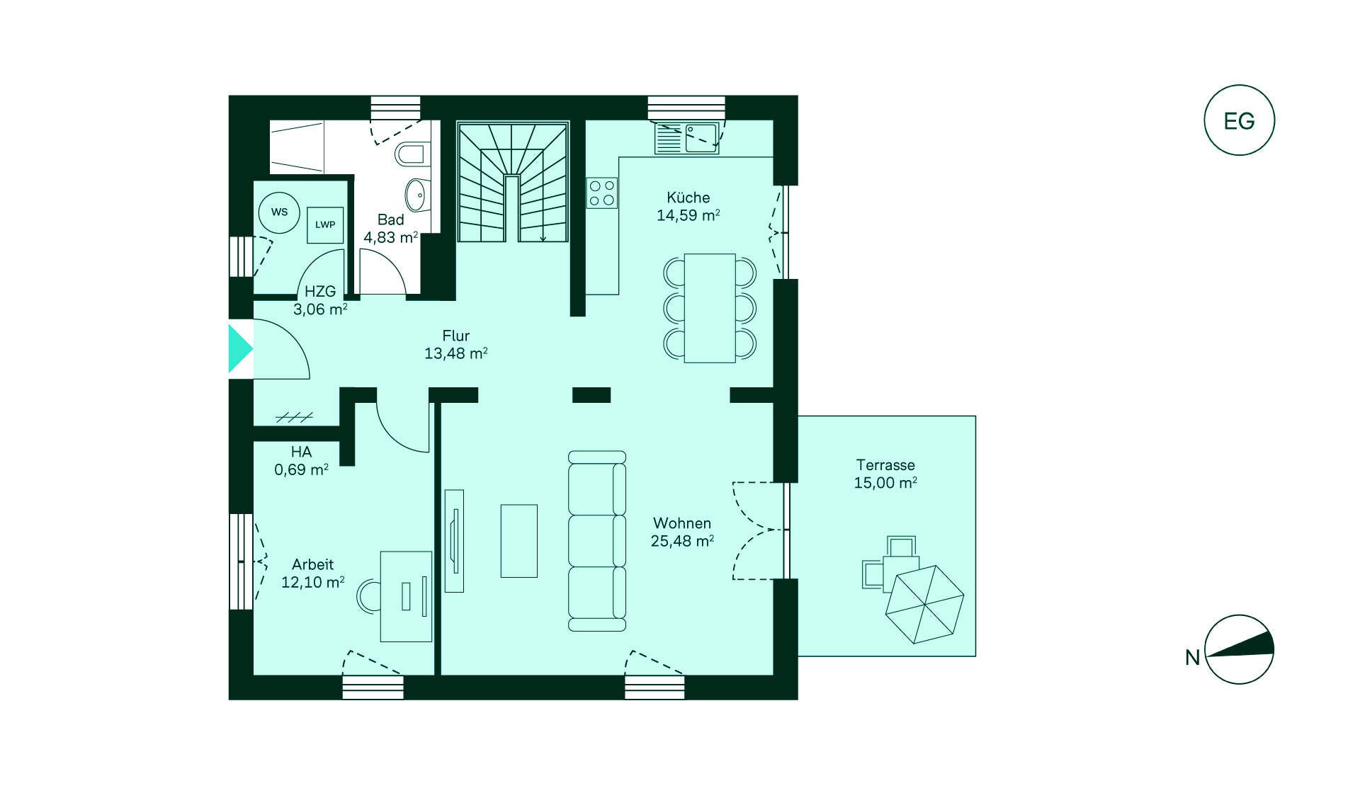 Gemütliches Erdgeschoss mit Flur, moderner Küche, großem Wohnzimmer, Arbeitszimmer und Bad. Terrasse lädt zum Entspannen ein!