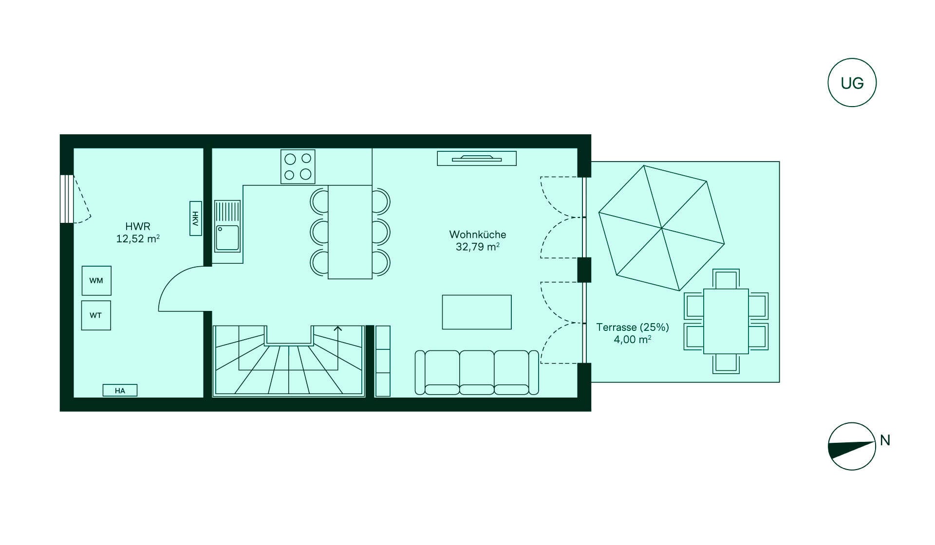 Grundriss des Untergeschosses vom Reihenhaus im Neubauprojekt Wurmtalgaerten