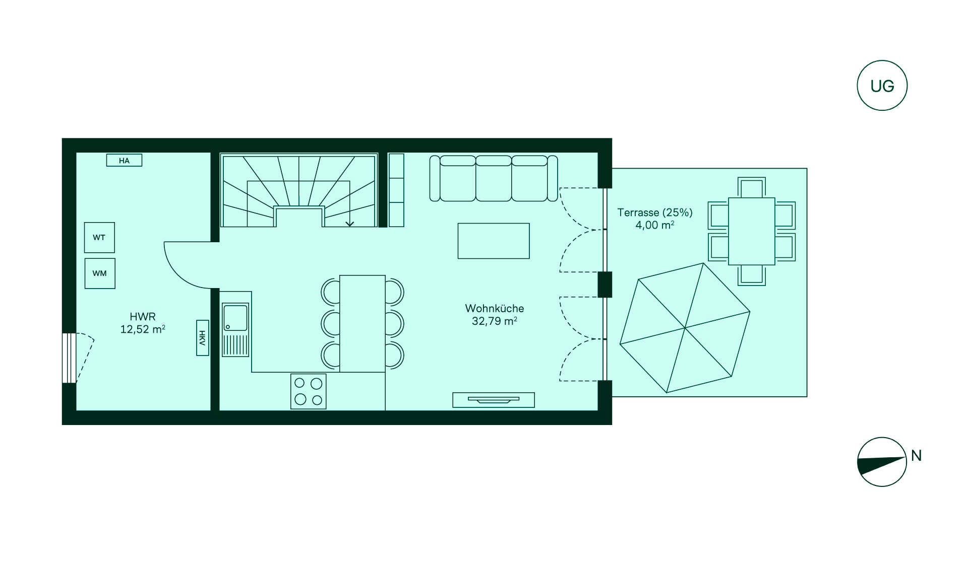 Grundriss des Untergeschosses vom Reihenhaus im Neubauprojekt Wurmtalgaerten