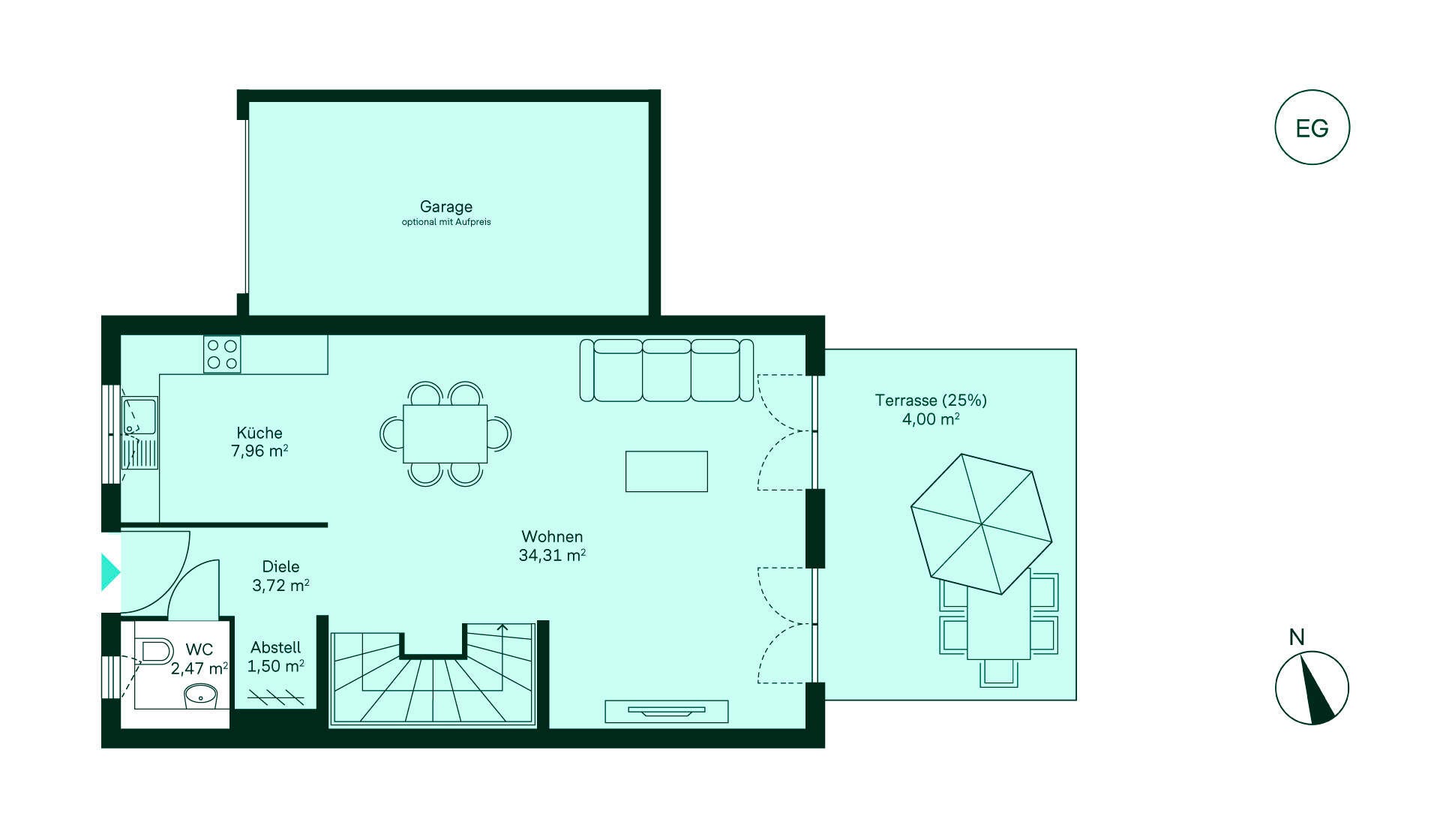 Grundriss des Erdgeschosses vom Doppelhaus im Neubauprojekt Heidegaerten