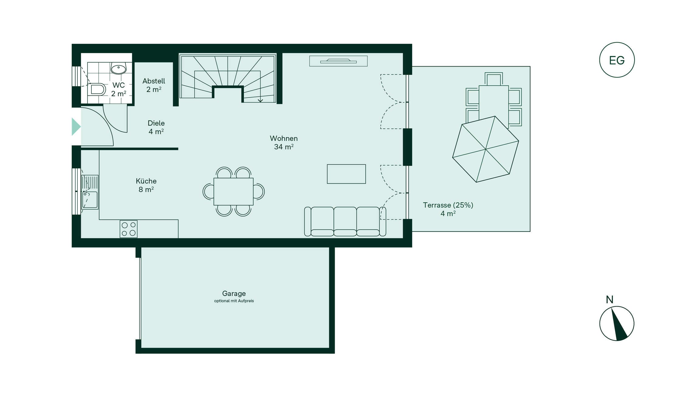 Grundriss des Erdgeschosses vom Doppelhaus im Neubauprojekt Heidegaerten