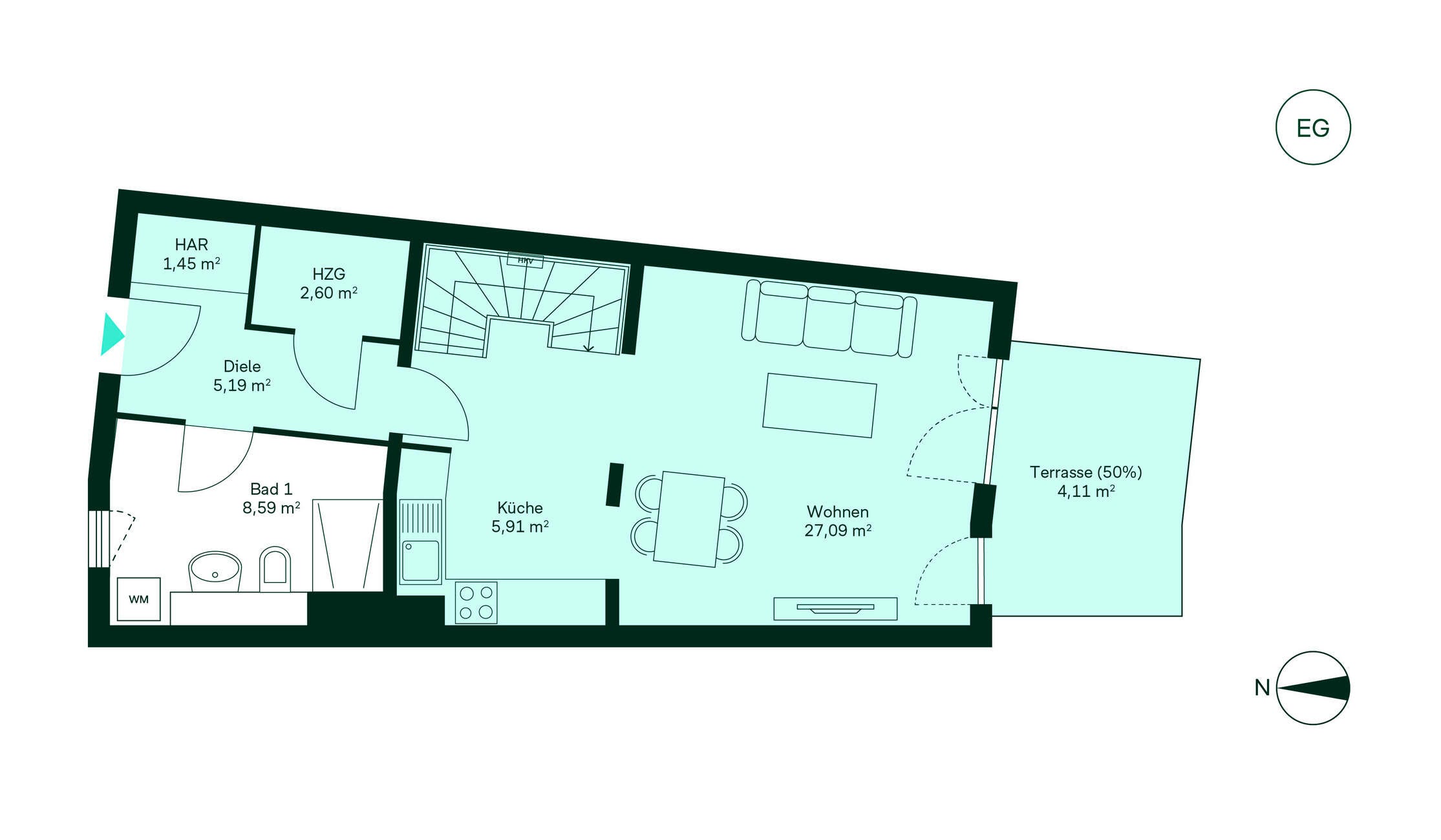 Grundriss des Erdgeschosses vom Reihenhaus im Neubauprojekt Cityterrassen