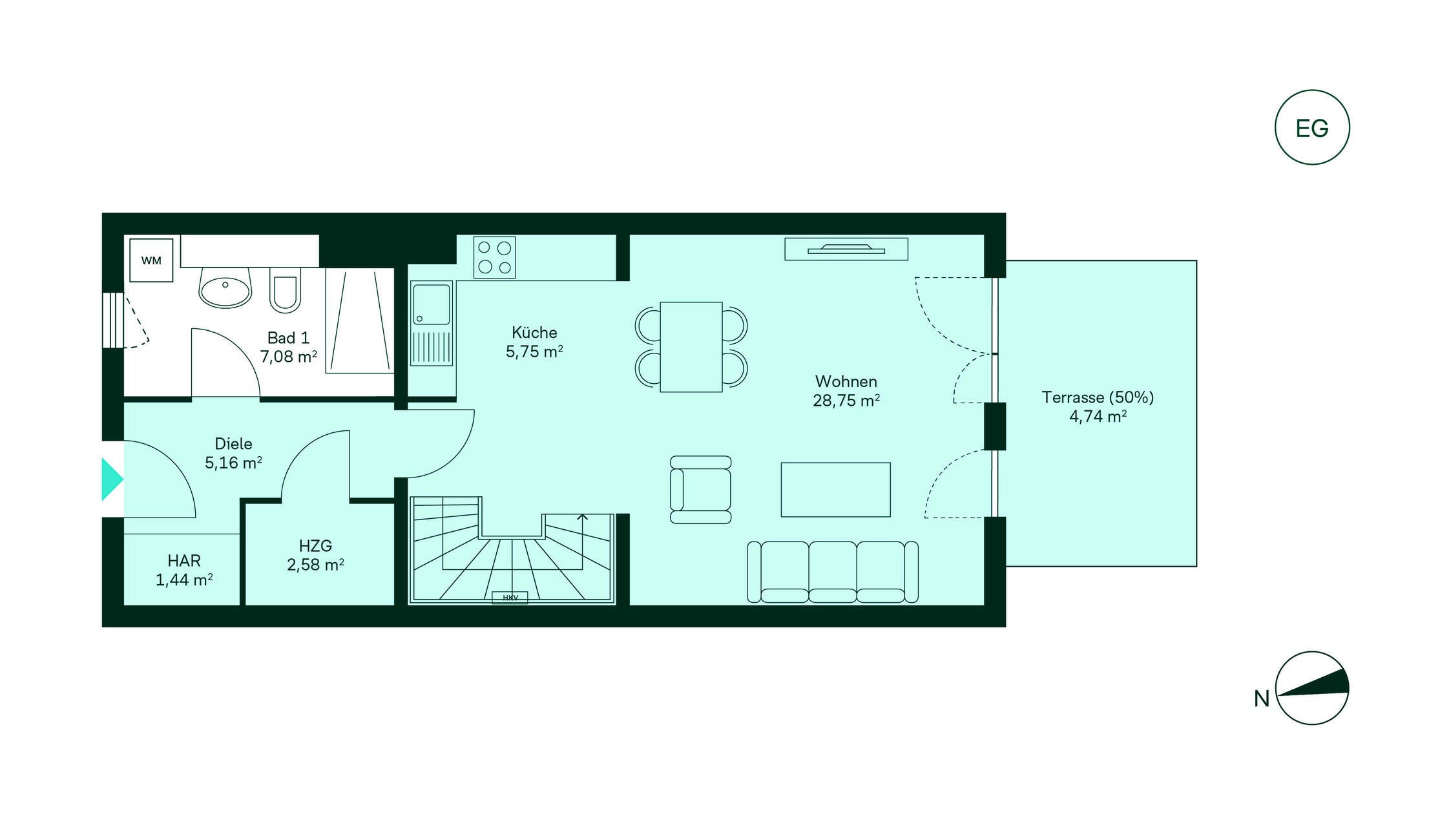 Grundriss des Erdgeschosses vom Reihenhaus im Neubauprojekt Cityterrassen