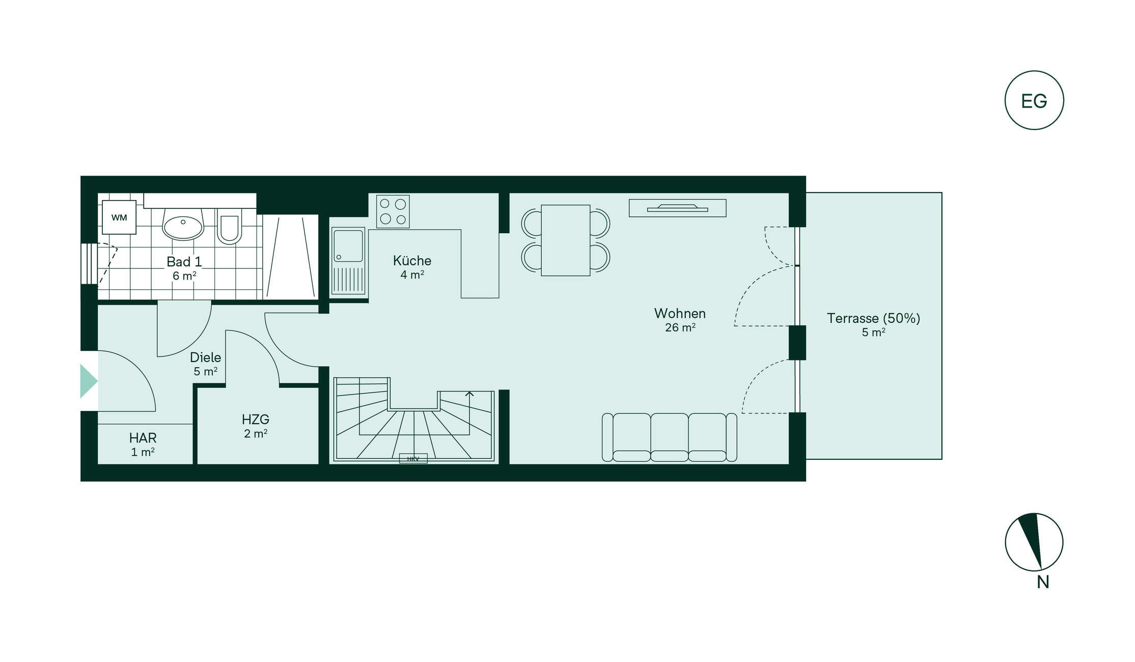 Grundriss des Erdgeschosses vom Reihenhaus im Neubauprojekt Cityterrassen