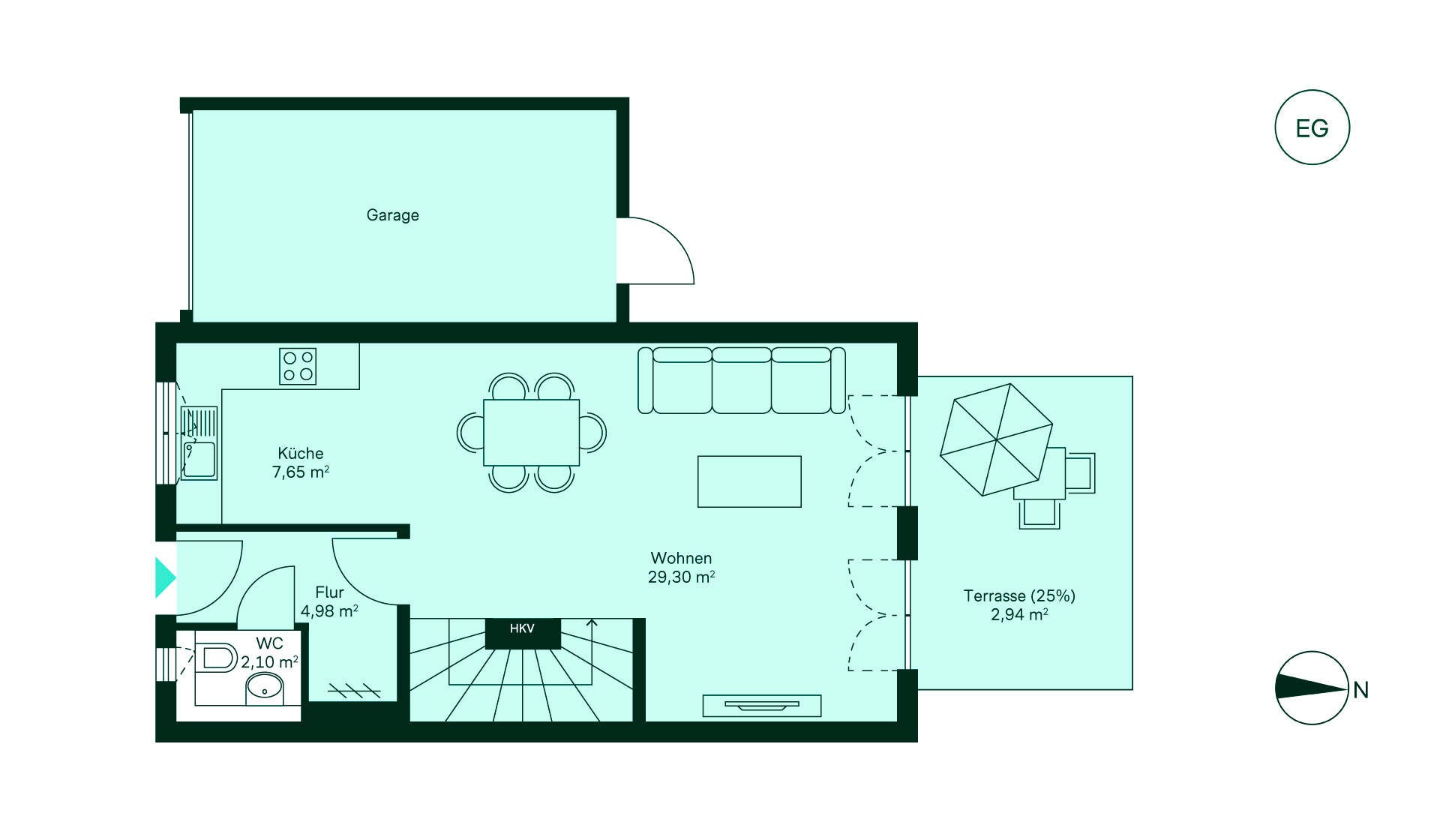 Grundriss des Erdgeschosses im Reihenhaus im Neubauprojekt Hellbachquartier