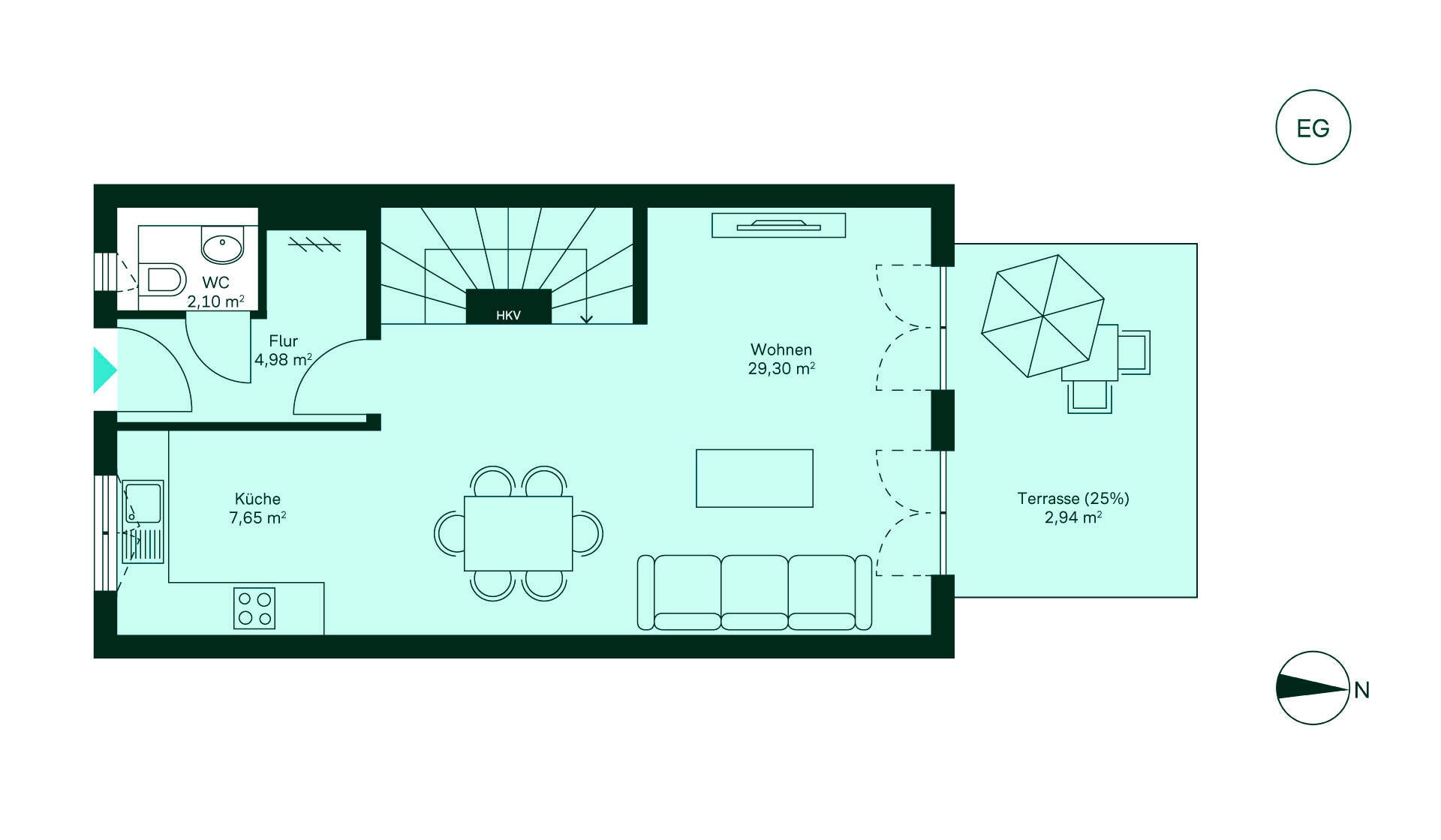 Grundriss des Erdgeschosses im Reihenhaus im Neubauprojekt Hellbachquartier