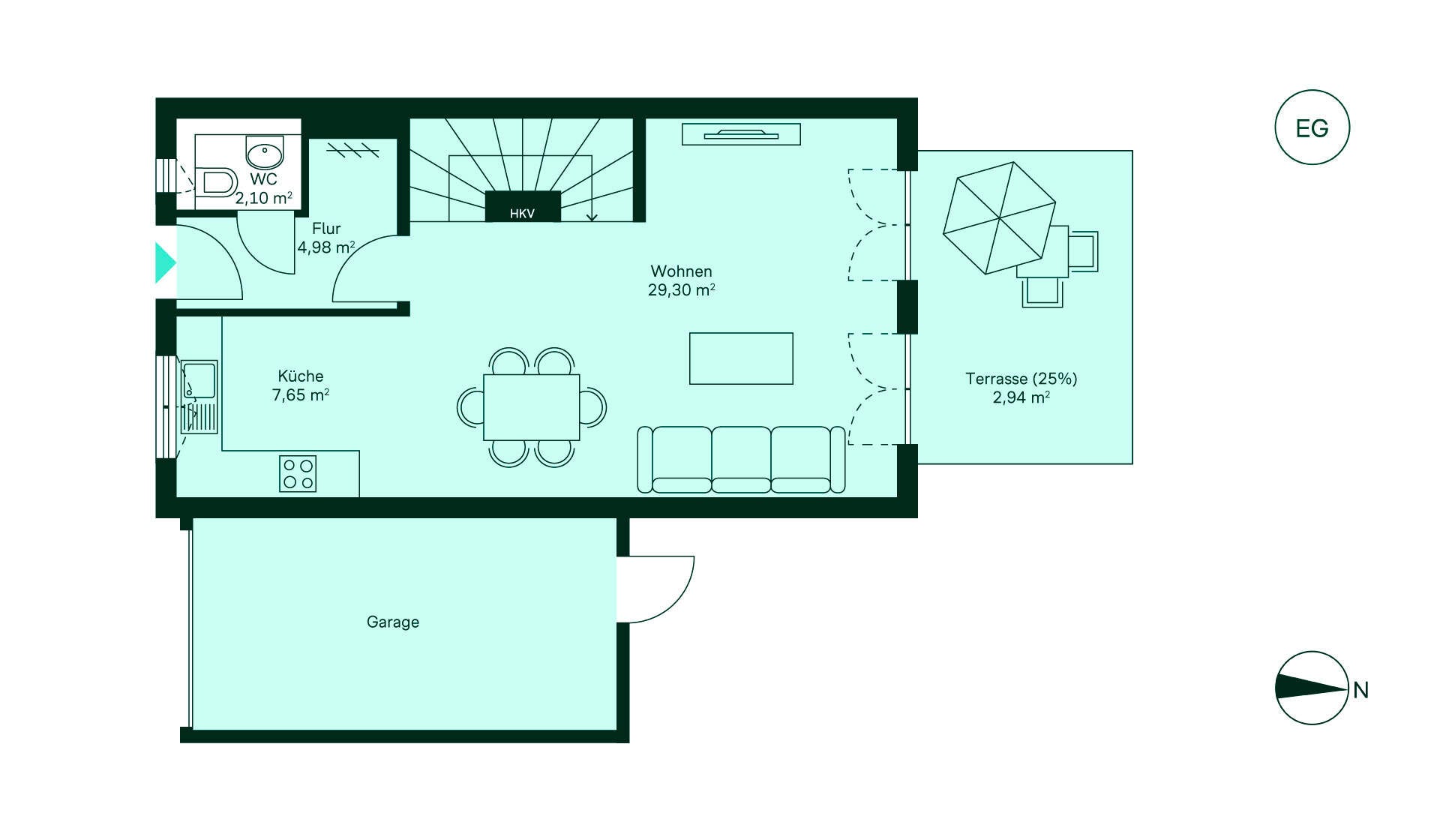 Grundriss des Erdgeschosses im Reihenhaus im Neubauprojekt Hellbachquartier