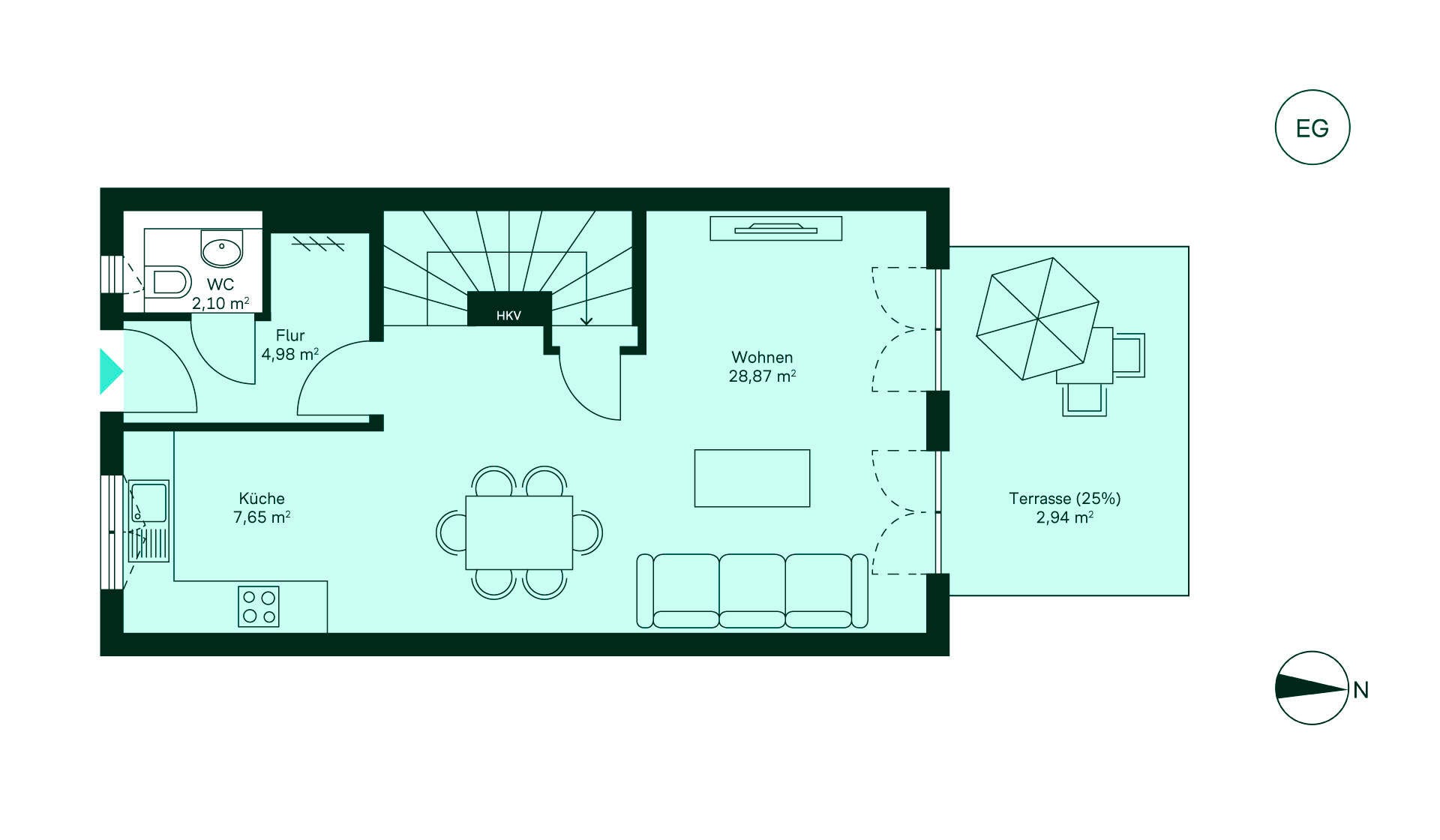 Grundriss des Erdgeschosses im Reihenhaus im Neubauprojekt Hellbachquartier