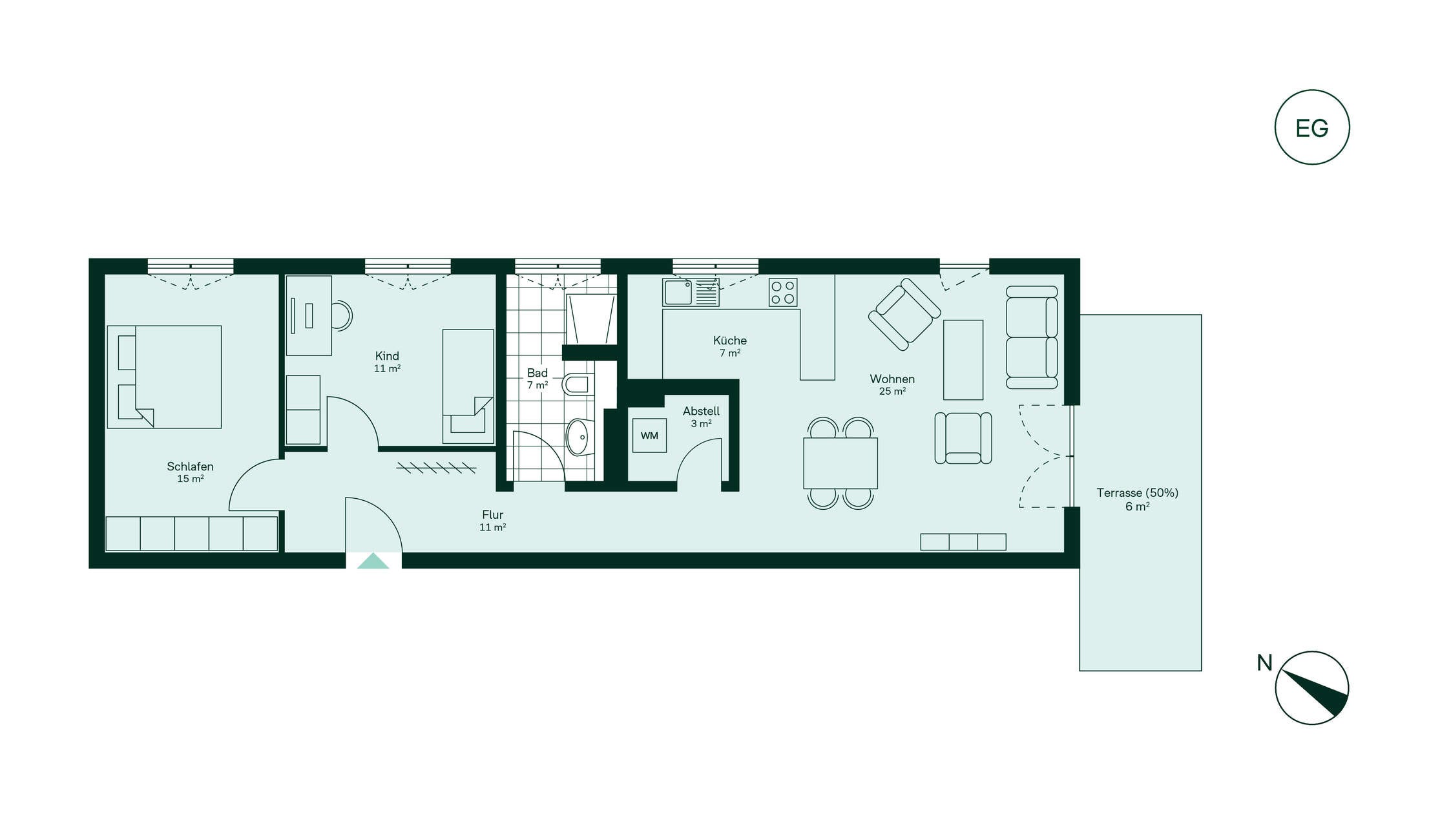 Moderner und komfortabler Grundriss der Eigentumswohnung Grundriss der Eigentumswohnung 001 im Neubauprojekt Roemerquartier 2