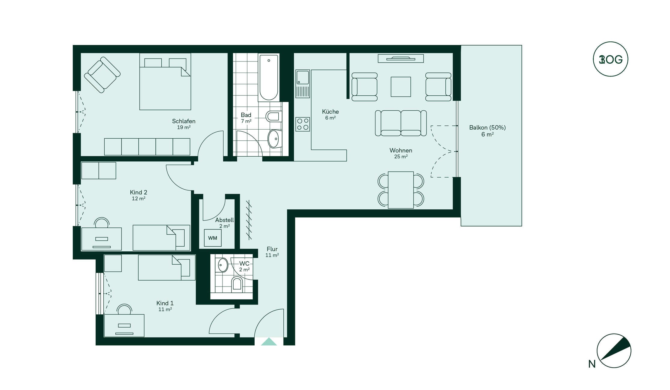 Moderner und komfortabler Grundriss der Eigentumswohnung Grundriss der Eigentumswohnung 036 im Neubauprojekt Roemerquartier 2