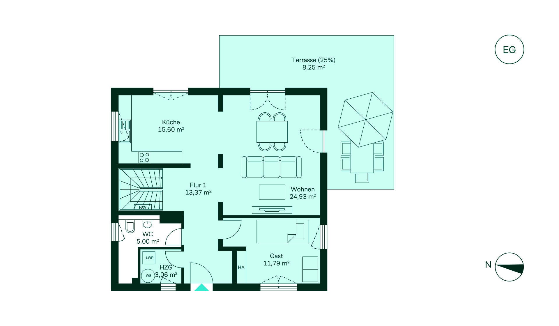 Grundriss des Erdgeschosses vom Einfamilienhaus im Neubauprojekt Seequartier