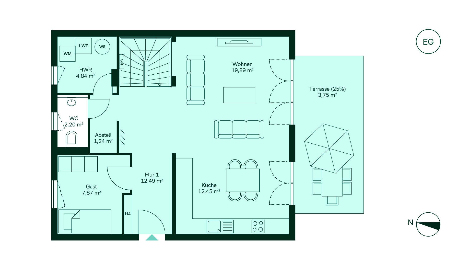 Geräumiges Erdgeschoss mit viel Stauraum Grundriss des Erdgeschosses vom Einfamilienhaus im Neubauprojekt Seequartier