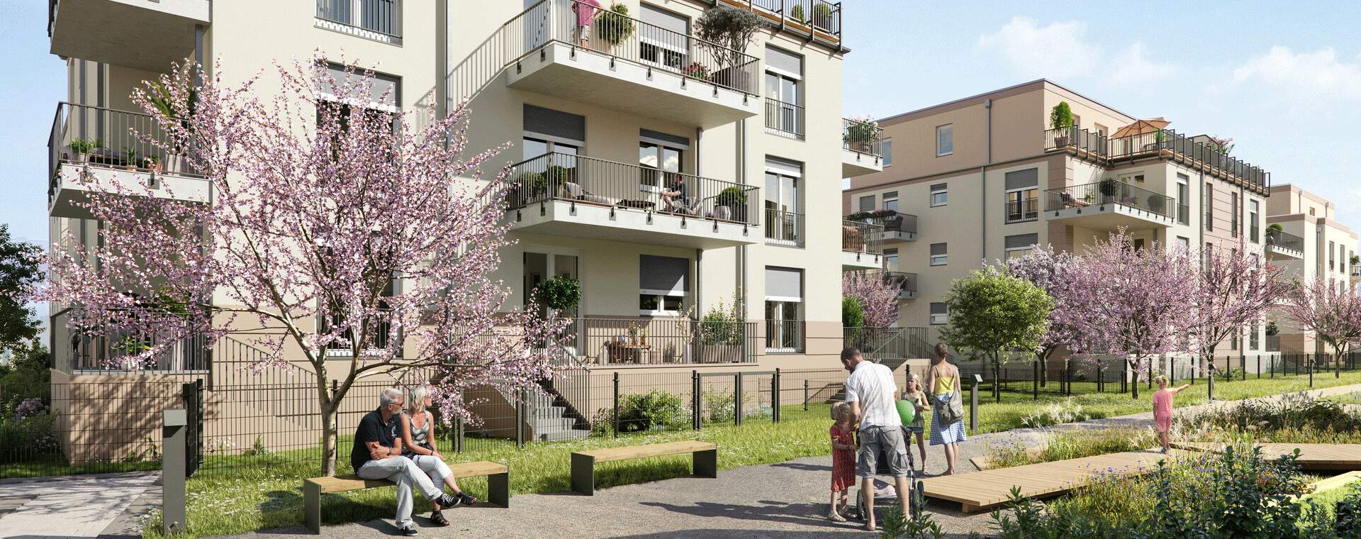 Bezahlbare Eigentumswohnungen mit Blick ins Grüne Visualisierung der Mehrfamilienhaeuser im Neubauprojekt Quartier am alten Schlosspark 3