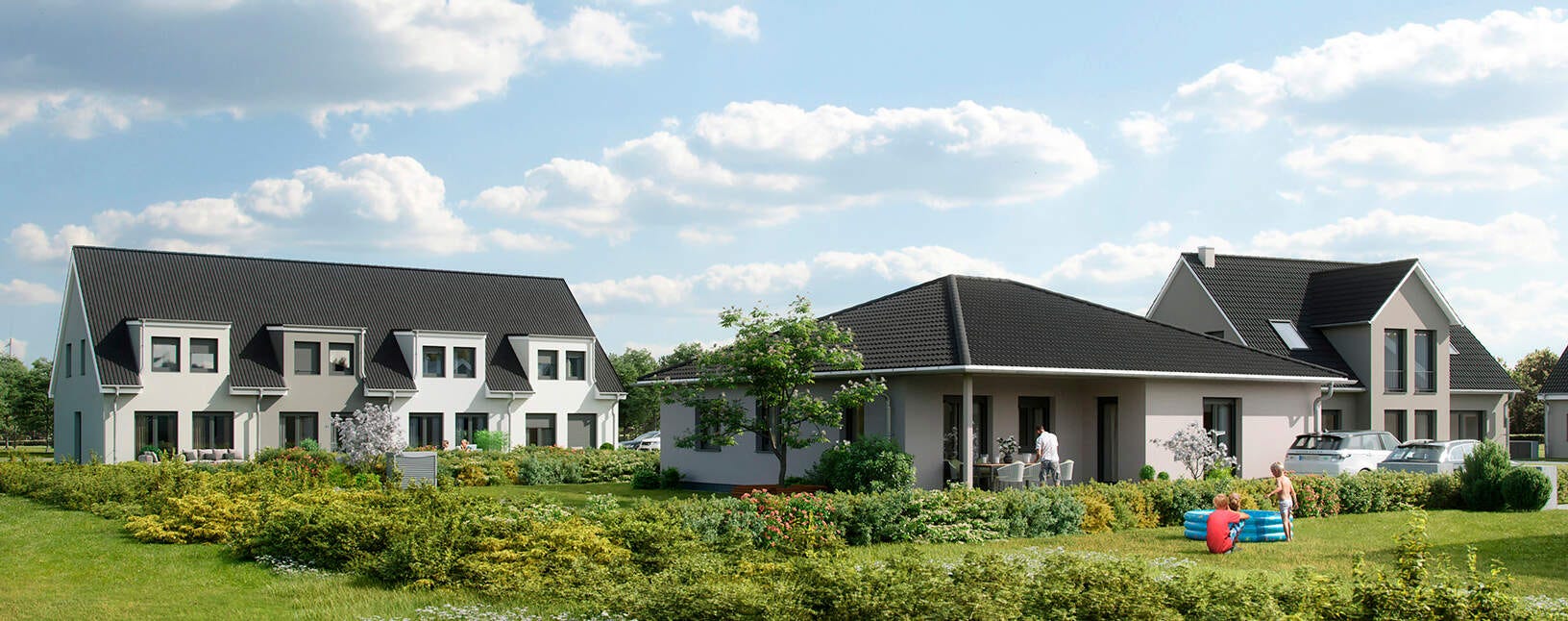 Moderne Häuser in ruhiger Umgebung mit gepflegten Gärten. Perfekt für Familien und Entspannung.