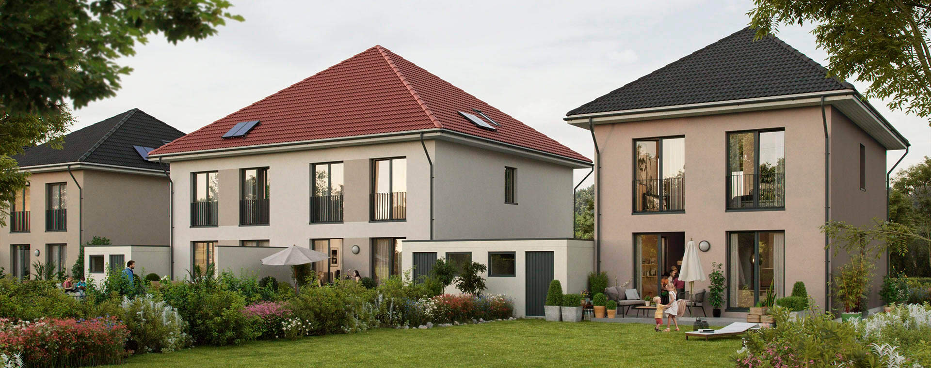 Moderne Doppelhäuser mit gepflegten Gärten und Terrassen. Perfekt für Familien und sonnige Tage!