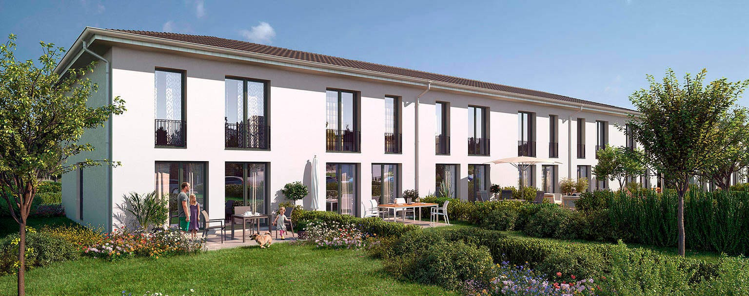Moderne Reihenhäuser mit großen Fenstern, Terrasse und Garten. Perfekt für Familien und Genießer.