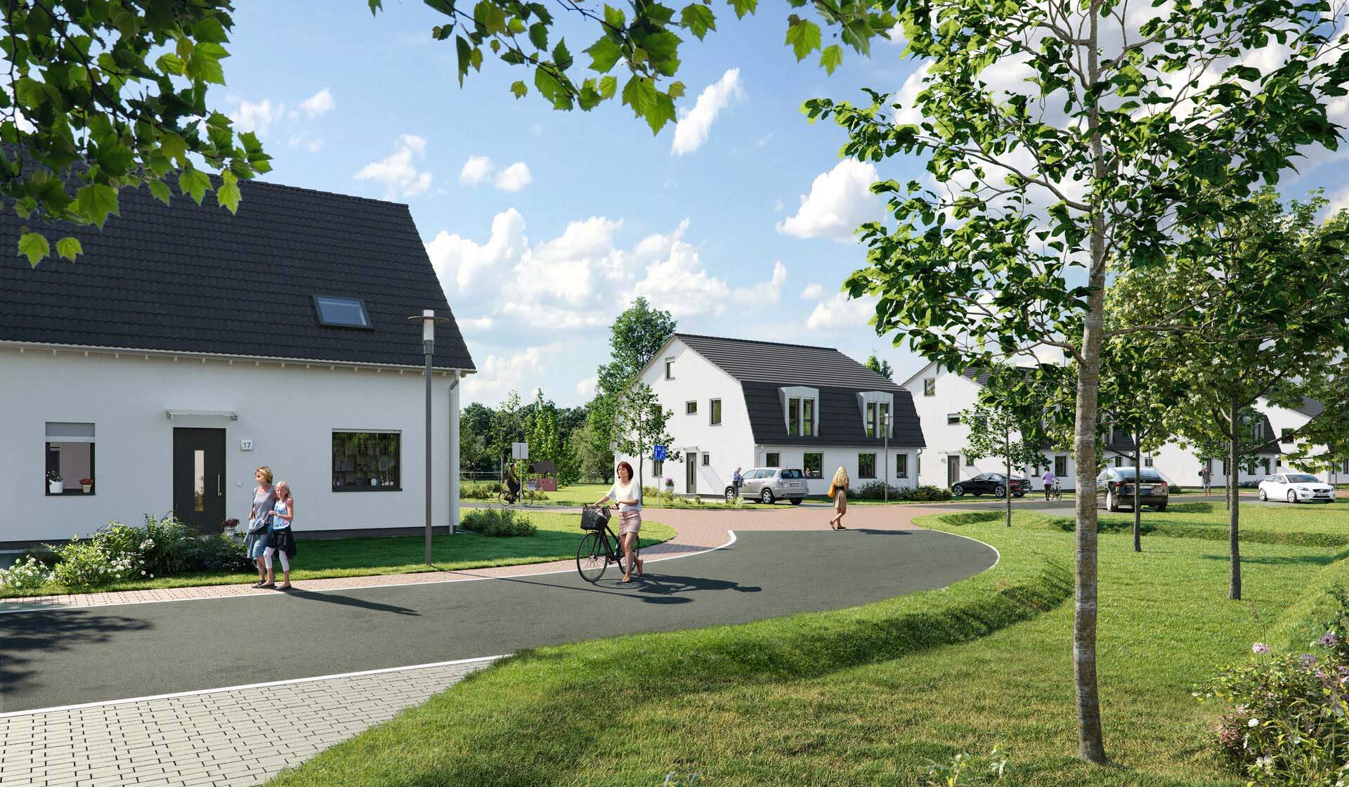 Moderne Wohnsiedlung mit hellen Häusern, grünen Gärten und freundlichen Nachbarn in entspannter Umgebung.