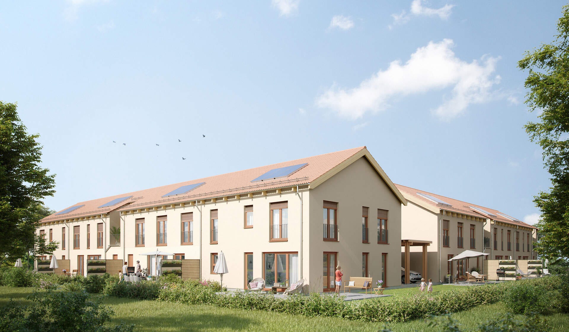 Visualisierung der Reihenhaeuser im Neubauprojekt Seehausener Ehrenhoefe