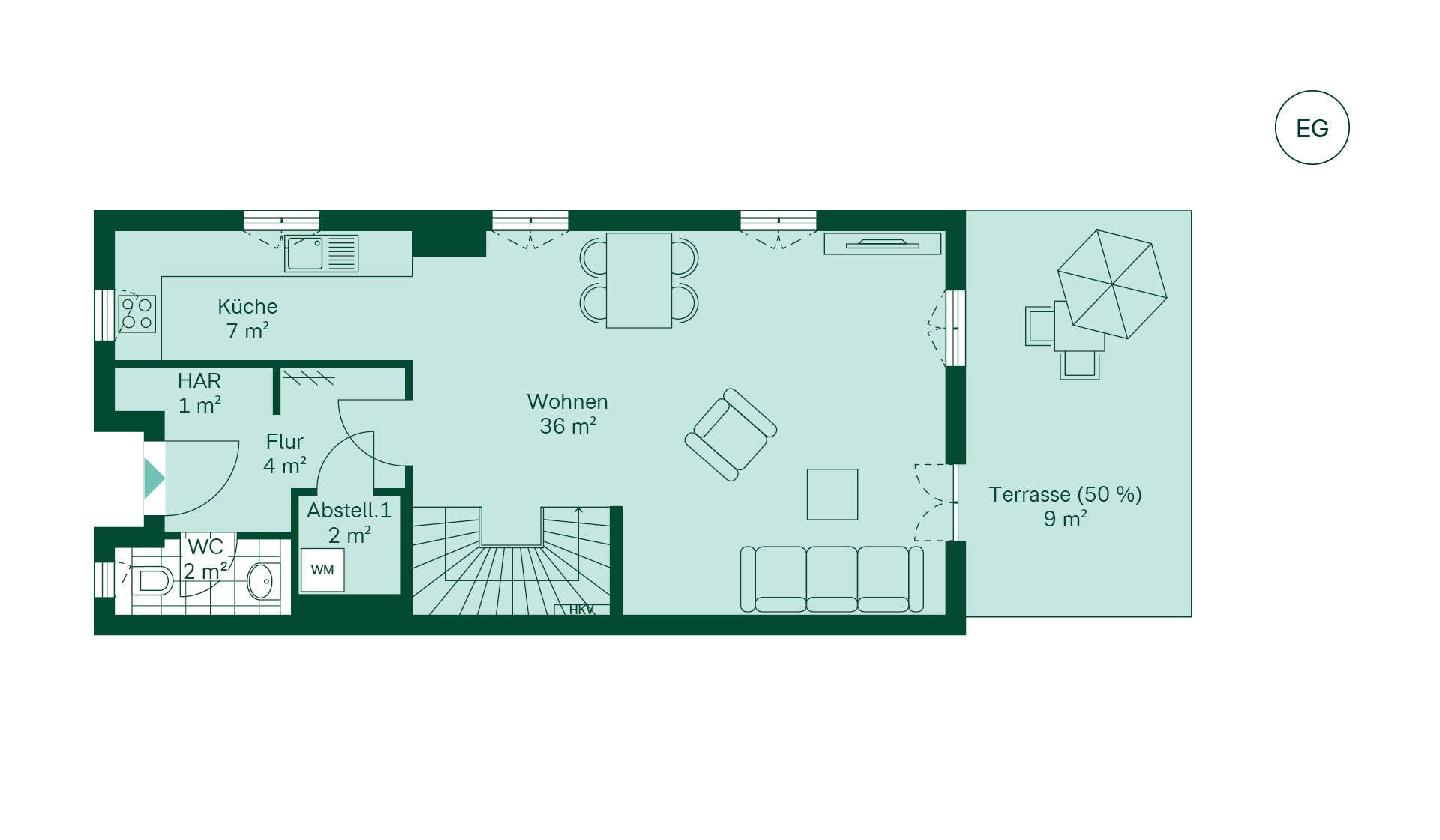 Grundriss des Erdgeschosses vom Reihenhaus im Neubauprojekt Gutshof Falkenberg