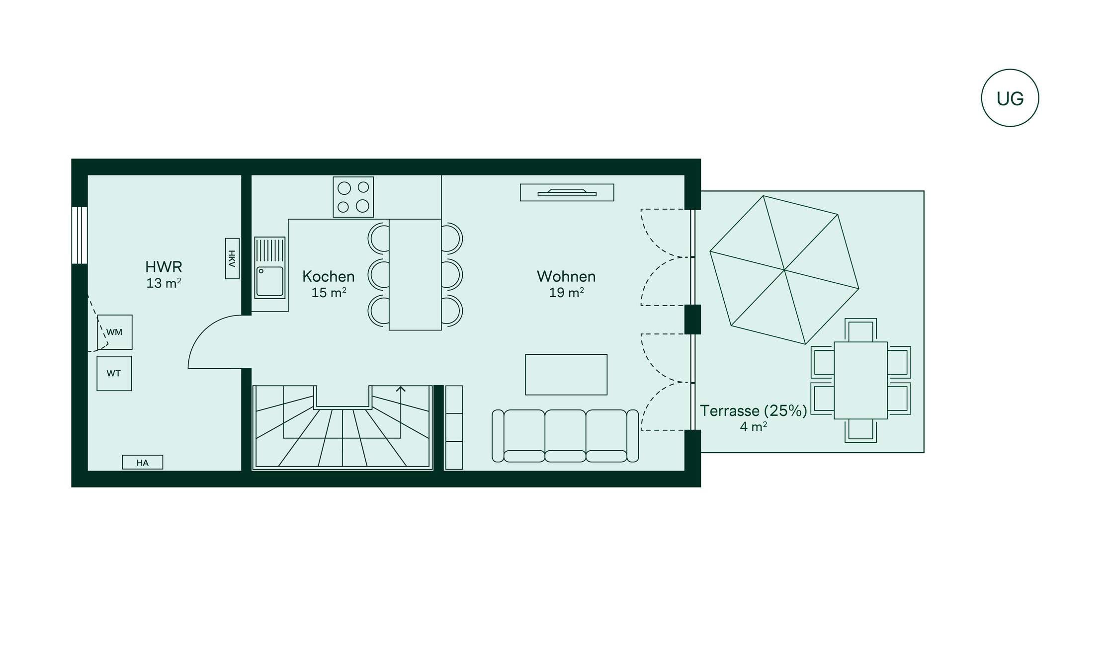 Grundriss des Untergeschosses vom Reihenhaus im Neubauprojekt Wurmtalgaerten