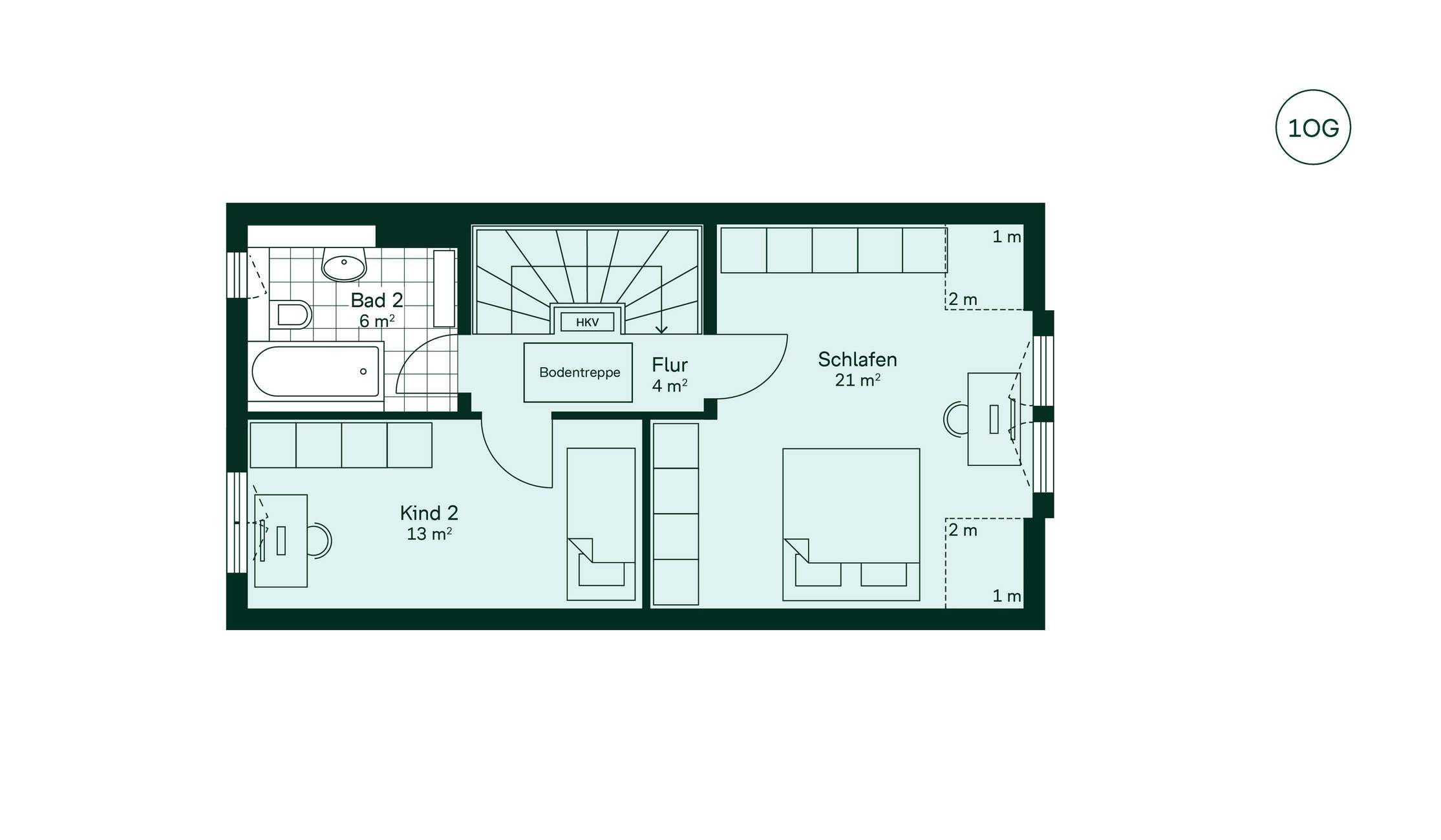 Grundriss des Obergeschosses des Reihenhaus im Quartier Wurmtalgaerten Grundriss des Obergeschosses des Reihenhaus im Neubauprojekt Wurmtalgaerten