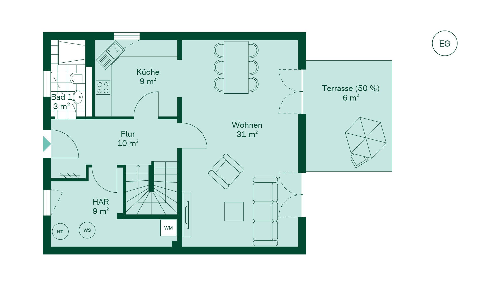 Grundriss des Erdgeschosses vom Einfamilienhaus im Neubauprojekt Ahrensfelder Obstwiesen