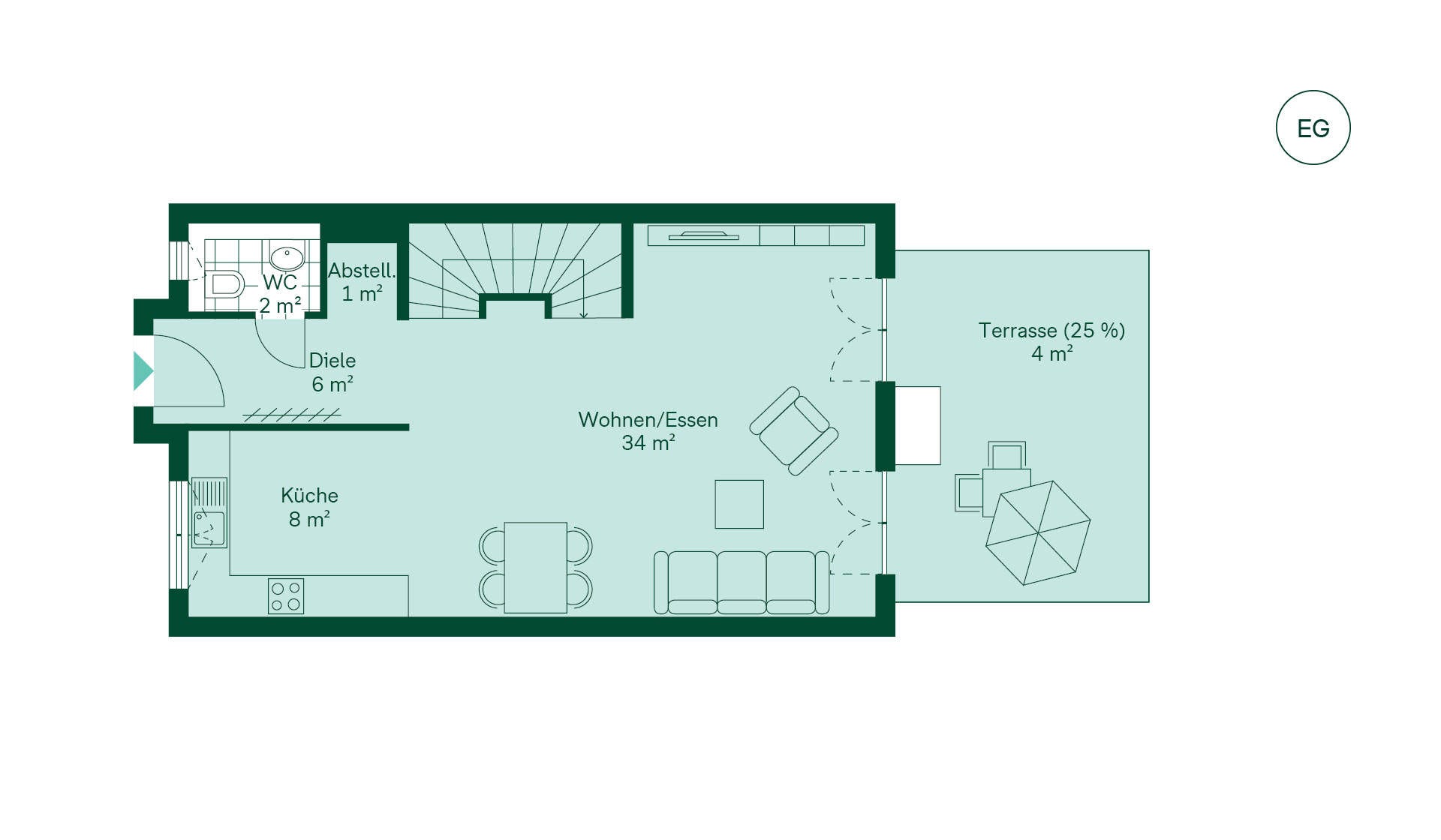 Geräumiges Erdgeschoss im Neubauprojekt Heidegärten Grundriss des Erdgeschosses vom Doppelhaus im Neubauprojekt Heidegaerten