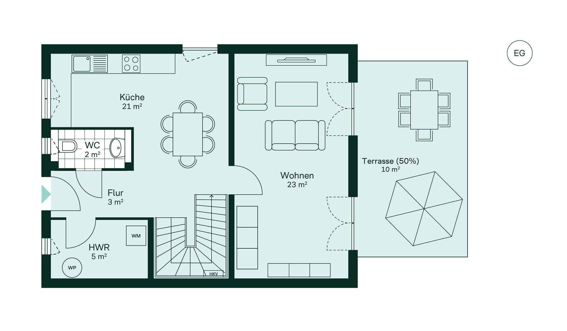 Grundriss des Erdgeschosses vom Doppelhaus im Neubauprojekt Neuseengaerten