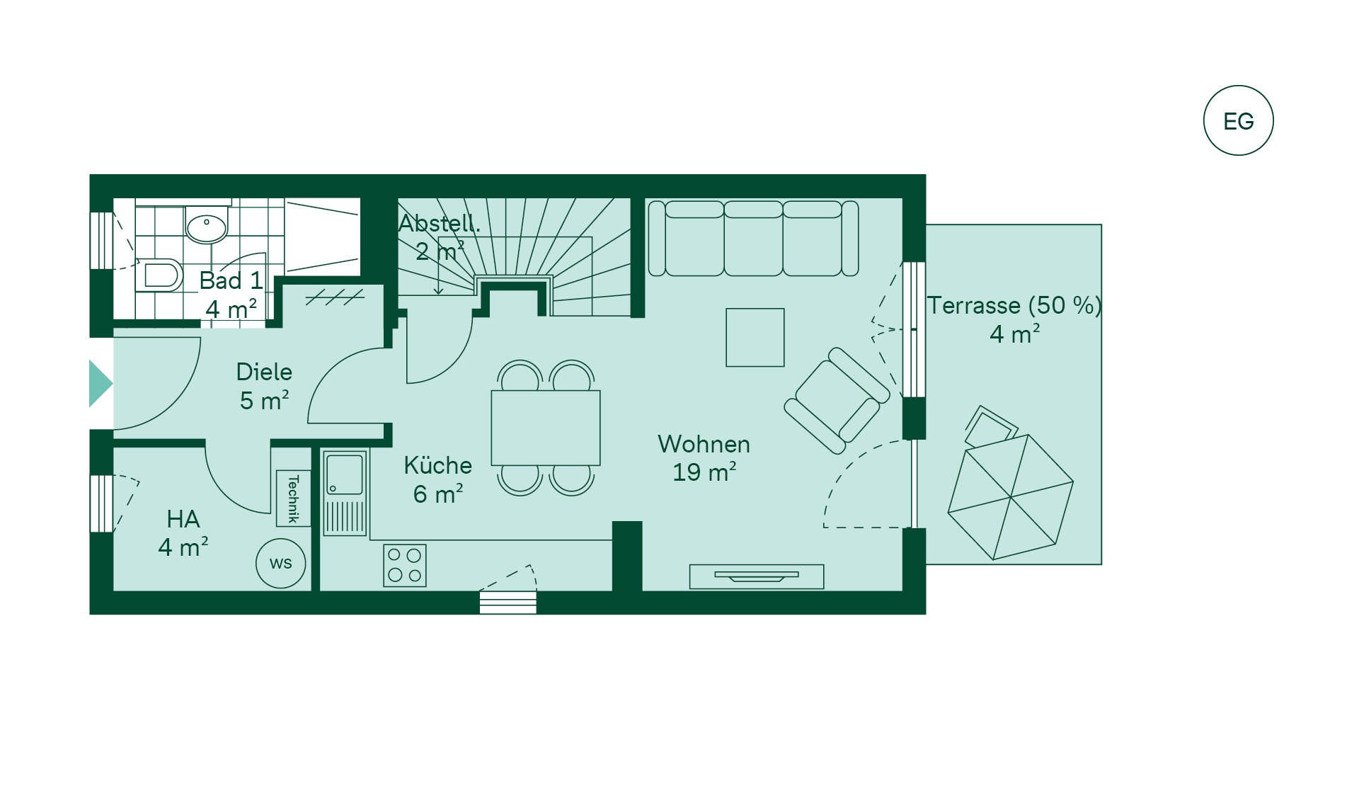 Grundriss des Erdgeschosses vom Reihenhaus im Neubauprojekt Fontaneviertel