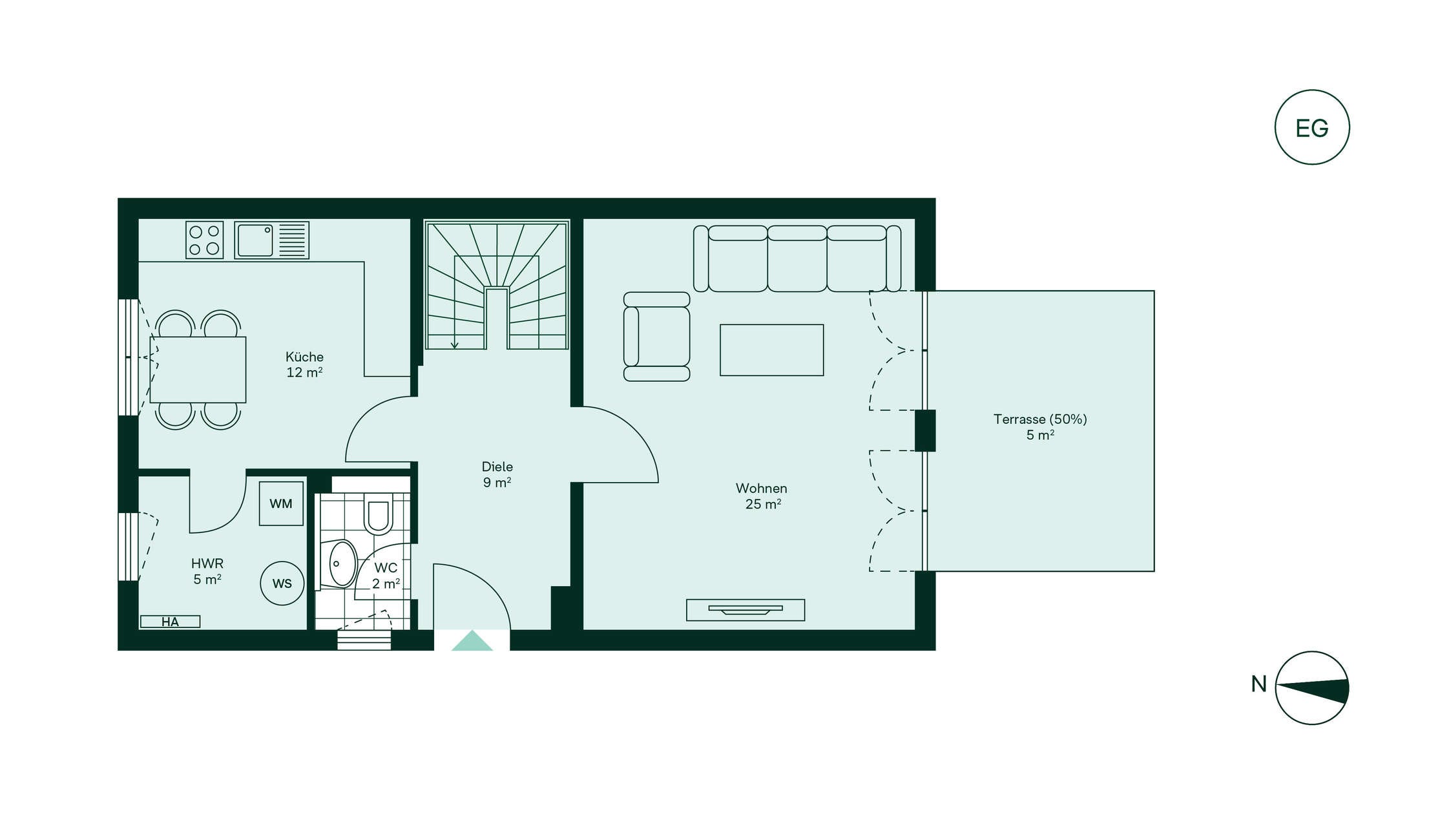 Geräumiges Erdgeschoss mit großer Küche Grundriss vom Erdgeschoss im Doppelhaus 060 im Neubauprojekt Familiengaerten