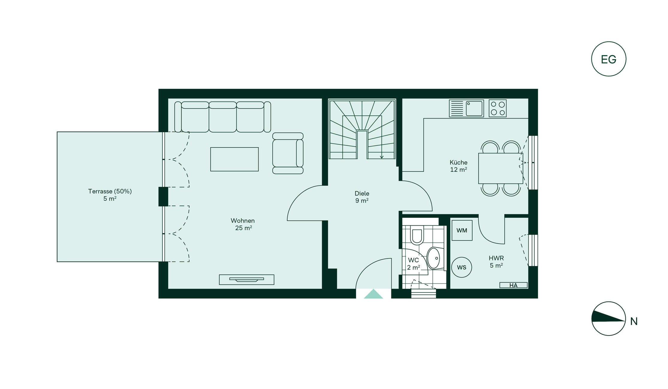 Geräumiges Erdgeschoss mit großer Küche Grundriss vom Erdgeschoss im Doppelhaus 061 im Neubauprojekt Familiengaerten
