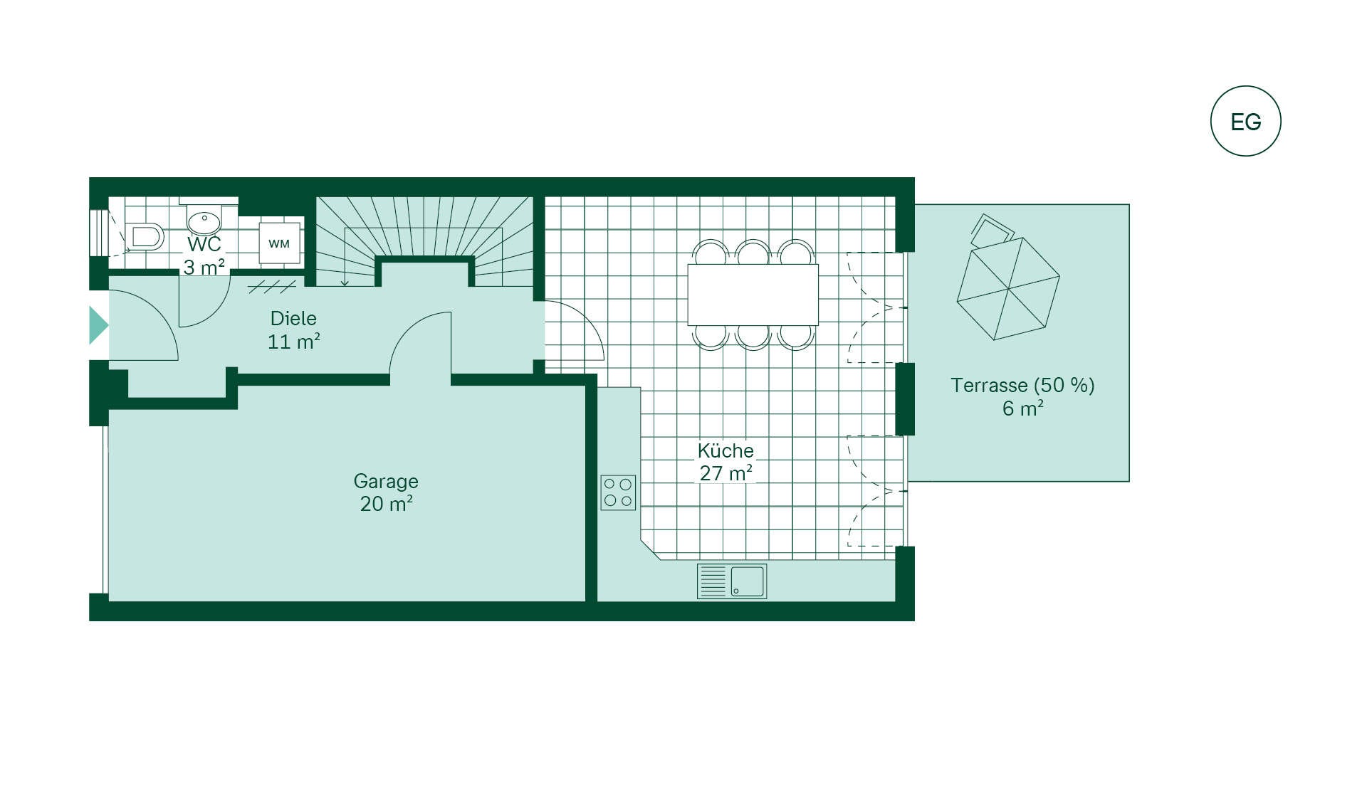 Erdgeschoss mit Garage und großer Küche Grundriss des Erdgeschosses vom Reihenhaus im Neubauprojekt Ahrensfelder Obstwiesen